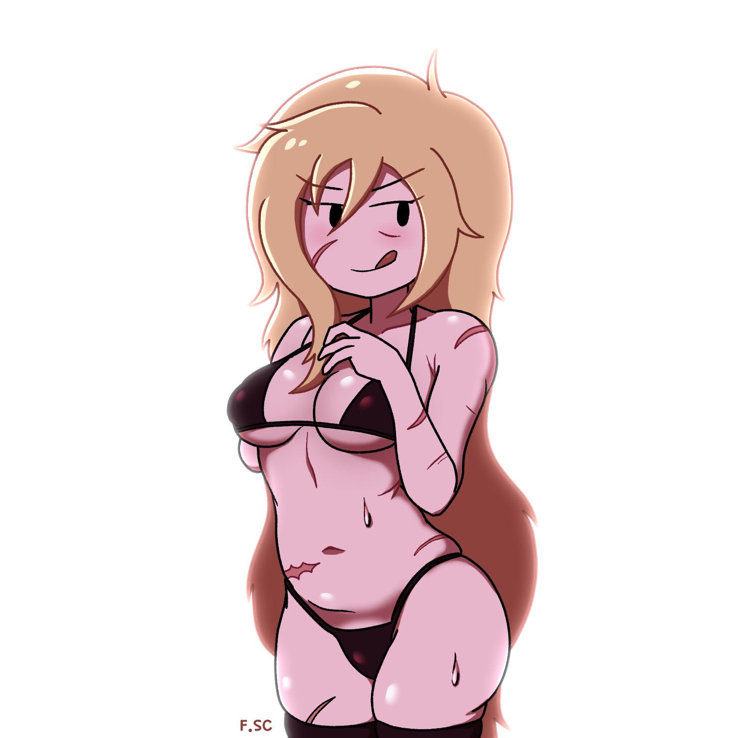 1girls, 2022, adventure time, amputee, black eyes, blonde hair, breasts, cartoon network, cartoony, cleavage, disability, female, female only, fionna the human girl, fizzyspidercider, long hair, scar, solo, sweat, thick thighs, thighhighs, thighs, tongue, tongue out, underwear