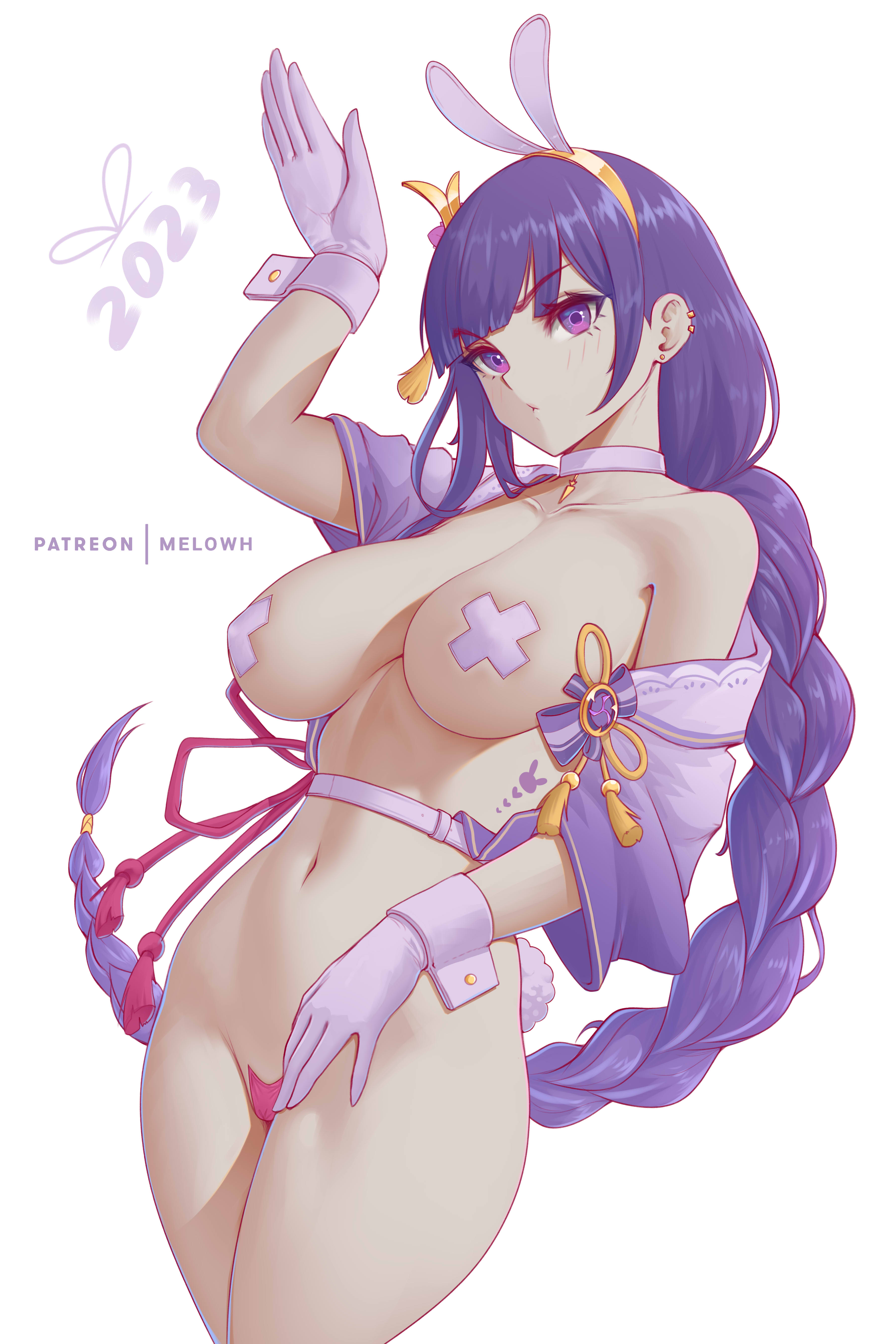1girls, braided hair, breasts, bunny ears, bunny girl, female, female only, genshin impact, large breasts, light skin, light-skinned female, long hair, melowh, navel, panties, pasties, purple eyes, purple hair, raiden shogun, thighs, x pasties
