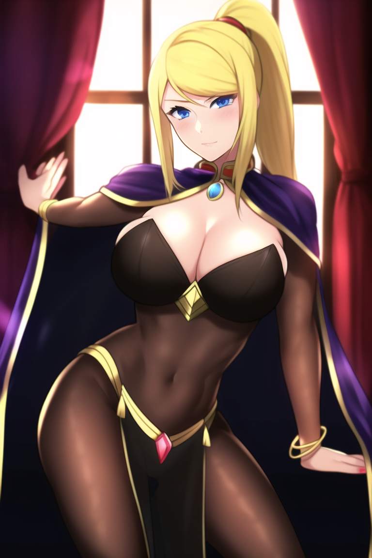 1girls ai_generated alternate_costume blonde_hair blue_eyes bodystocking bracelet breasts cape cleavage crossover curtains female female_only fire_emblem fire_emblem_awakening large_breasts light_blush looking_at_viewer metroid nai_diffusion nail_polish narrow_waist navel nintendo pendant ponytail samus_aran sheer sideboob slight_smile solo source_request stable_diffusion tharja_(fire_emblem)_(cosplay) toned_stomach wide_hips window