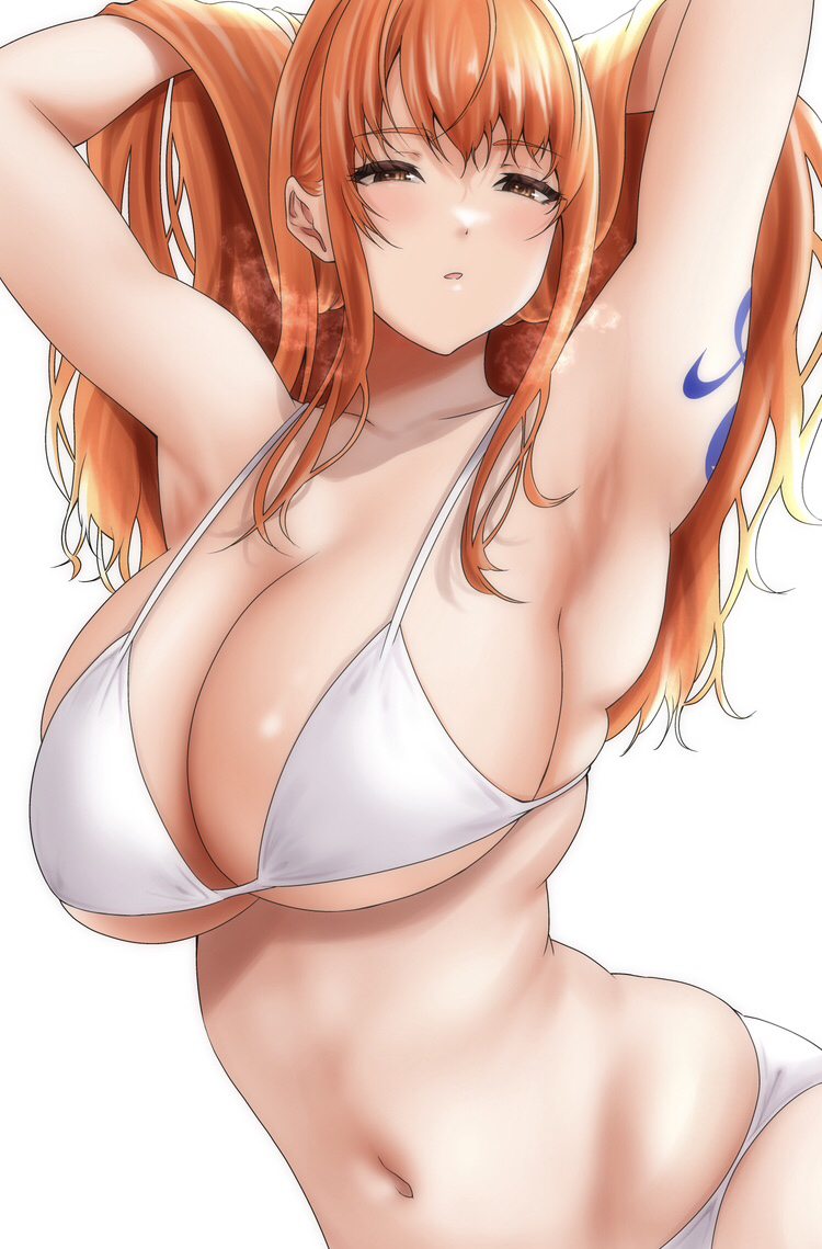 1girls bikini breasts brown_eyes female female_only huge_breasts light-skinned_female light_skin long_hair moriton nami one_piece orange_hair post-timeskip shoulder_tattoo tattoo white_background