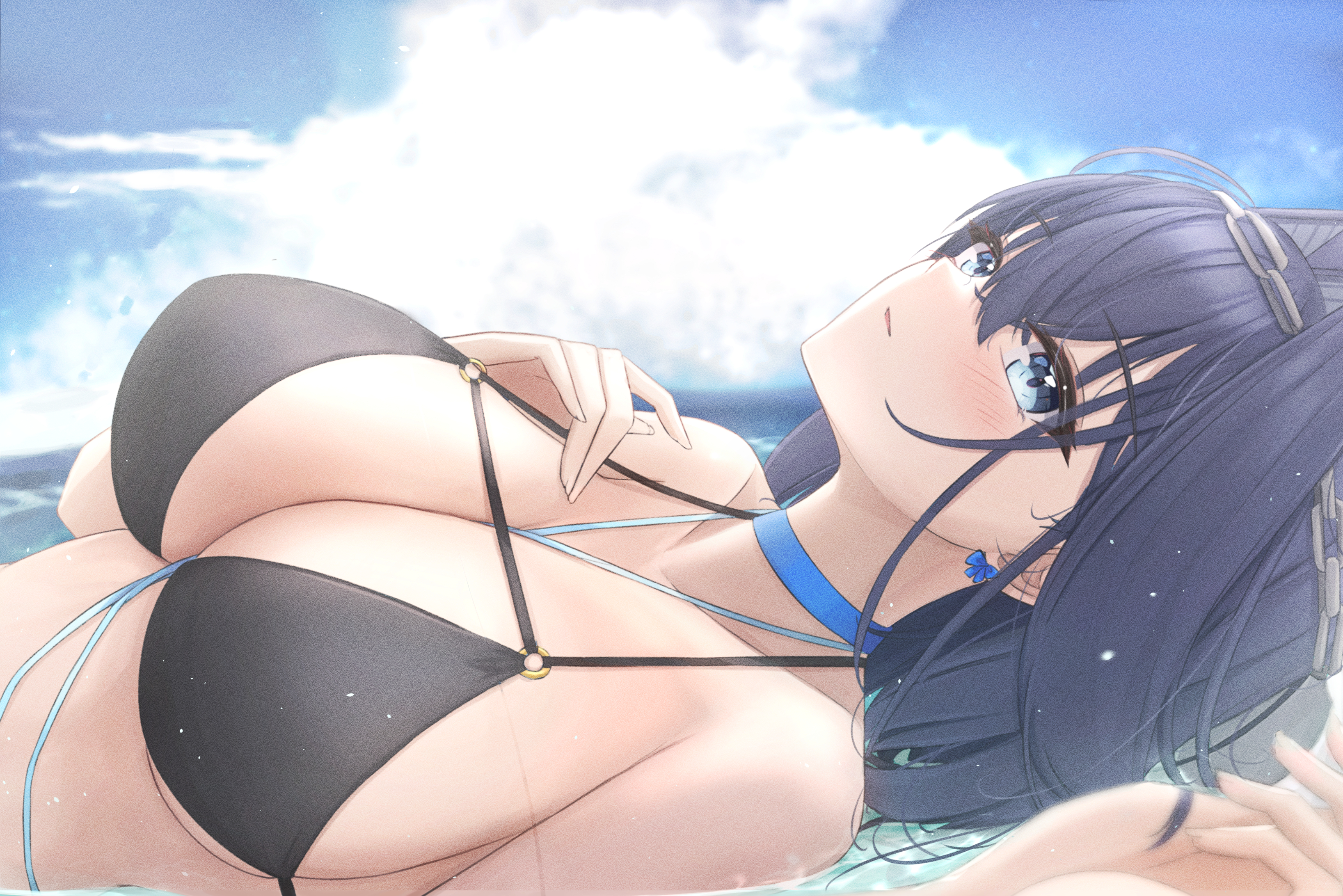 1girls, alternate costume, bangs, bikini, blue eyes, blue hair, blush, bow, breasts, choker, cleavage, cloud, crossed bangs, earrings, female, hair intakes, hair ornament, halterneck, hololive, hololive english, hololive english -council-, hololive english -promise-, jewelry, large breasts, lying, mofu07519, o-ring, o-ring top, ocean, ouro kronii, short hair, sky, solo, swimsuit, upper body, virtual youtuber