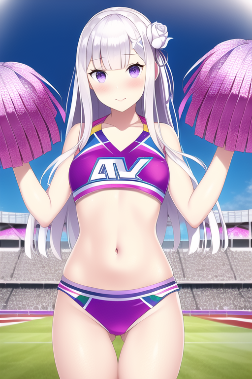 1girls, 2d, ai generated, bangs, big breasts, blush, breasts, cheerleader, color, cute, emilia (re:zero), eyebrows visible through hair, female, female only, light skin, light-skinned female, long hair, looking at viewer, mobotium, nai diffusion, navel, outside, pom poms, purple eyes, re:zero kara hajimeru isekai seikatsu, solo, stable diffusion, white hair