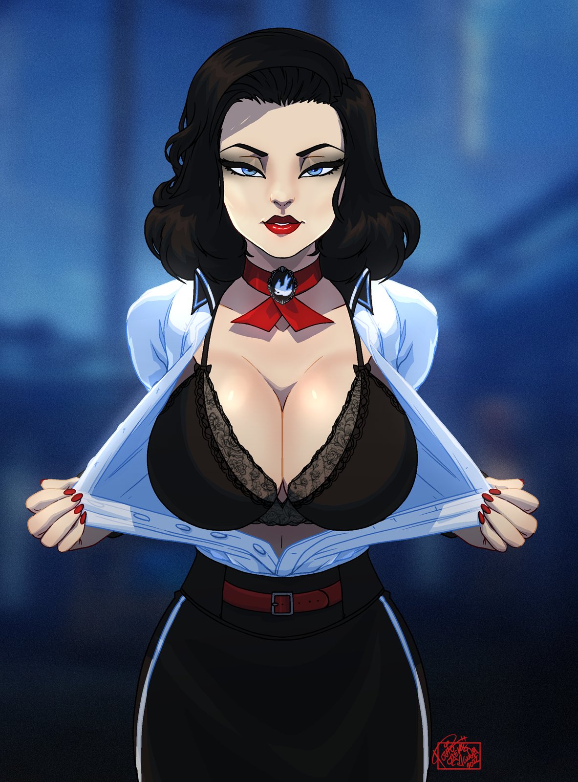 1girls, big breasts, bioshock, bioshock infinite, black hair, blue eyes, bra, breasts, burial at sea, busty, choker, cleavage, elizabeth comstock, elizabeth comstock (burial at sea), female, female focus, female only, flashing, flashing breasts, hourglass figure, large breasts, lipstick, long hair, open shirt, pencil skirt, ribbon, shirt, skirt, standing, tagme, tovio rogers, wide hips