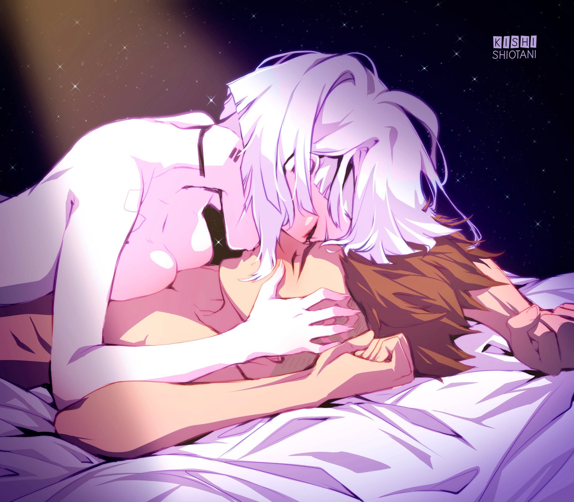 1boy, 1girls, asian, asian female, bed, breasts, breasts to breasts, cd projekt red, cyberpunk 2077, cyberpunk: edgerunners, david martinez (edgerunners), female, female focus, hispanic, hispanic male, kishishiotani, kissing, latino, laying on back, laying on bed, light skin, light-skinned female, lucyna kushinada, male, netflix, nude, romantic, straight, studio trigger, wholesome