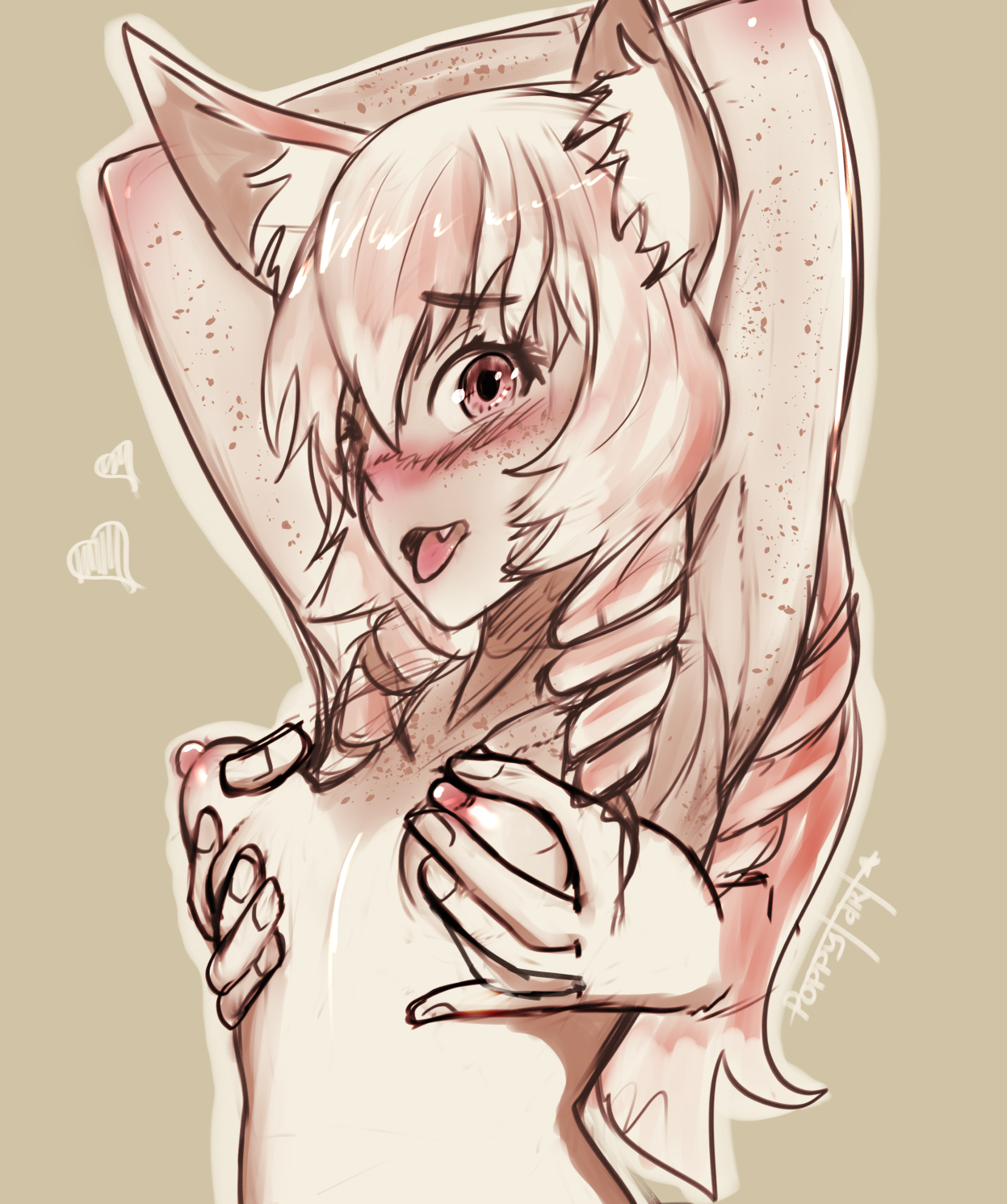 armpits, arms above head, blush, breast grab, breast squeeze, breasts, female, floating hands, fondling, fox, fox ears, fox girl, freckles, from behind, long hair, looking at viewer, nipple pinch, nipples, open mouth, original, petite, poppytart, red hair, small breasts, spoken heart, tanline, tira (poppytart), tongue, tongue out, tsundere