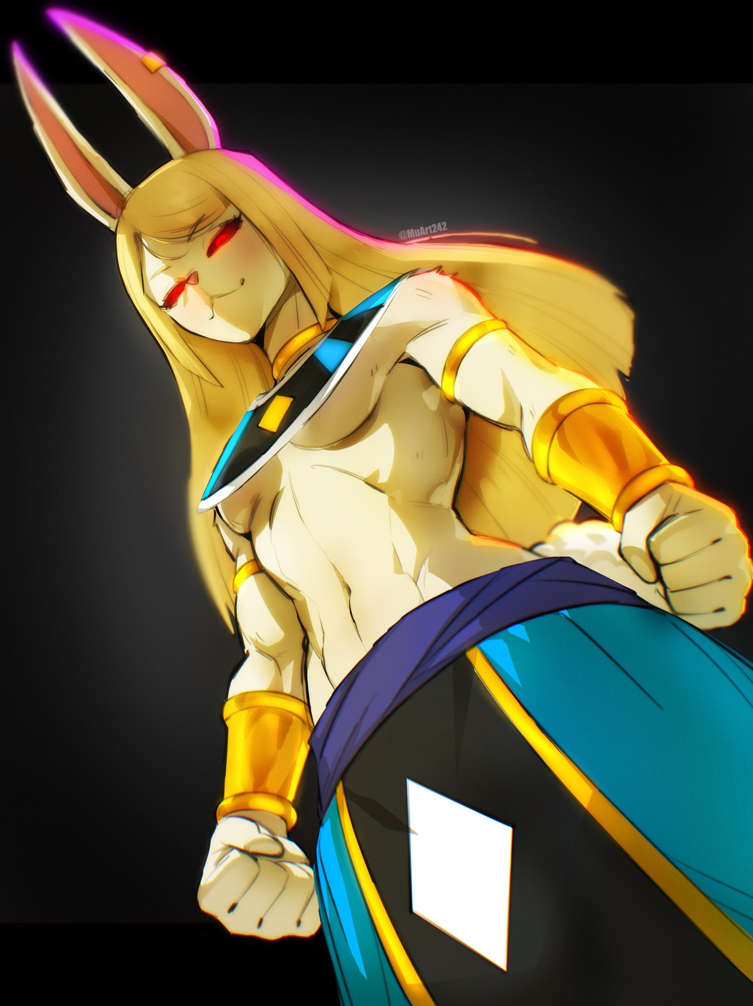 belly button, blonde hair, boob window, breasts, bunny, bunny tail, clothed, dragon ball, dragon ball heroes, dragon ball z, female, fit, fit female, god of destruction, goddess of destruction, gold (metal), gold jewelry, hi res, highres, lagomorph, long ears, looking at viewer, muart, muart242, red eyes, saria (dragon ball heroes), simple background, slim waist, solo, super dragon ball heroes, twitter username