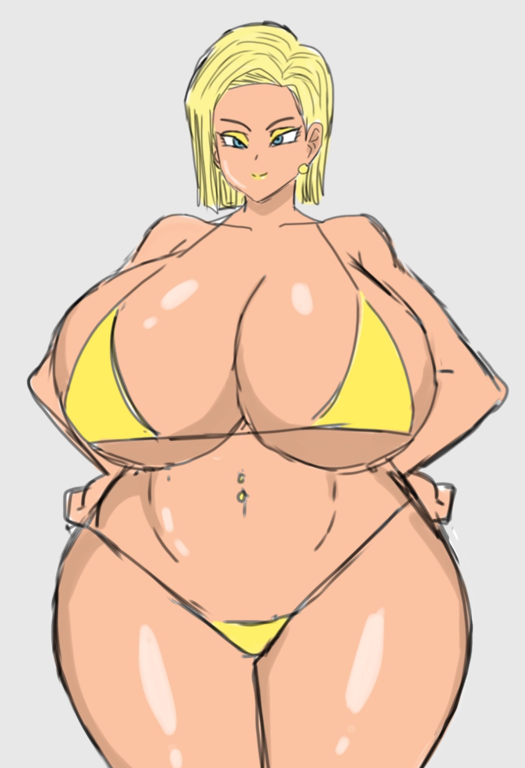 1girls, alternate breast size, android, android 18, bare shoulders, belly, belly button piercing, big breasts, bikini, bimbo, blonde hair, blue eyes, breasts, busty, cleavage, clothing, collarbone, curvy, dragon ball, dragon ball z, earrings, eyelashes, eyeshadow, female, female focus, female only, g-string, grey background, hand on hip, highres, hips, hourglass figure, huge breasts, humanoid, jewelry, large breasts, lips, lipstick, looking at viewer, makeup, mature female, medium hair, micro bikini, milf, momiji (artist), navel, navel piercing, piercing, pinup, revealing clothes, shiny skin, sideboob, simple background, sketch, skimpy, skimpy bikini, skimpy clothes, smile, smiling, solo, solo female, swimsuit, tan skin, tanned, tanned skin, thick, thick thighs, thighs, thong, tight clothing, underboob, venus body, voluptuous, wide hips, yellow lipstick