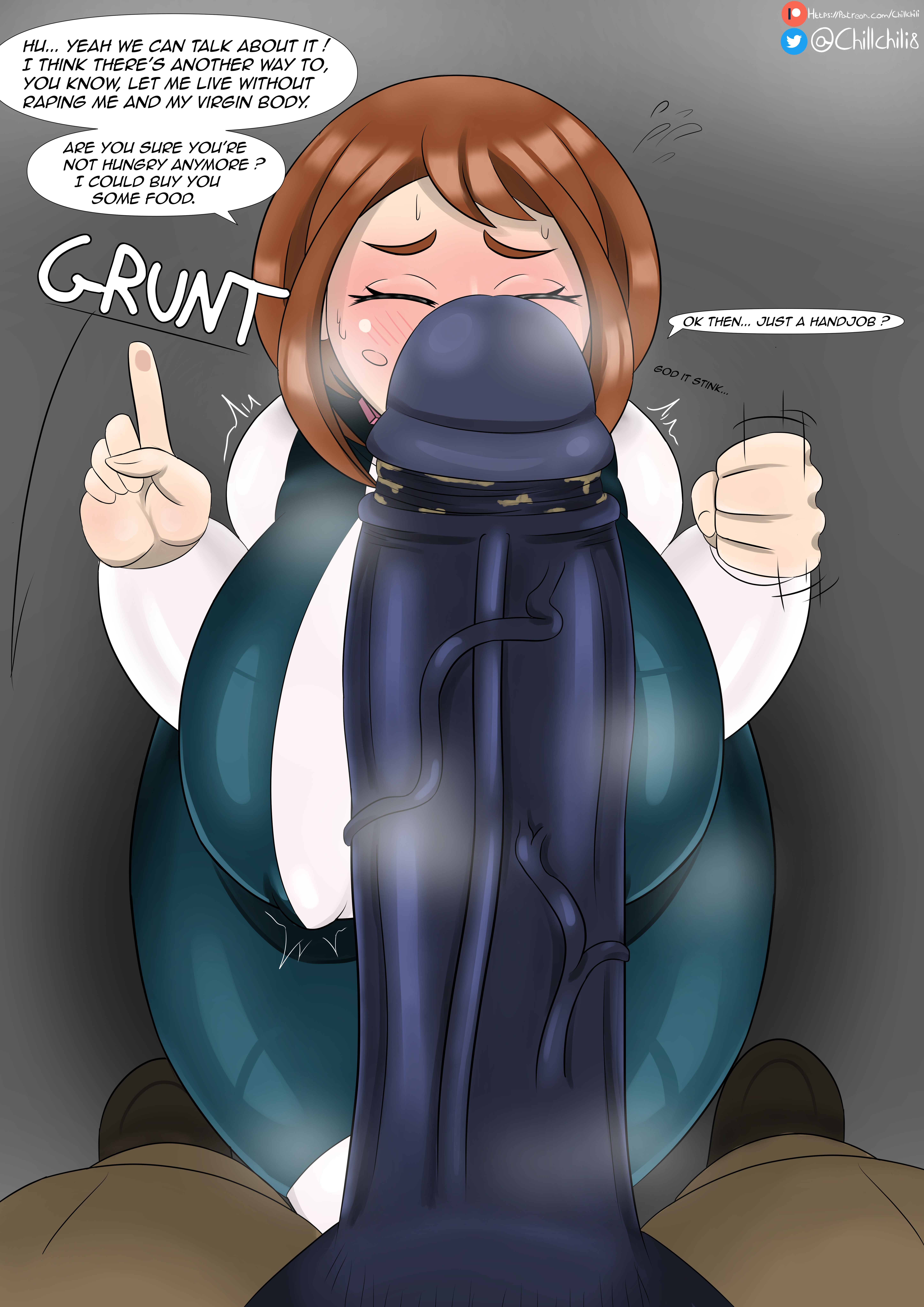begging, big breasts, big penis, blush, breasts, chillchili, defeat, defeated, defeated heroine, female, handjob gesture, hero outfit (mha), huge breasts, huge cock, hyper penis, imminent rape, large penis, looking at penis, male, monster, my hero academia, nomu, ochako uraraka, ochako uraraka (hero outfit), on knees, penis, penis awe, protagonistsub antagonistdom, rape, shocked, smegma, suggestive gesture, suprised, text, uncensored, unseen male face, uraraka ochako, uraraka ochako (hero outfit), usj nomu
