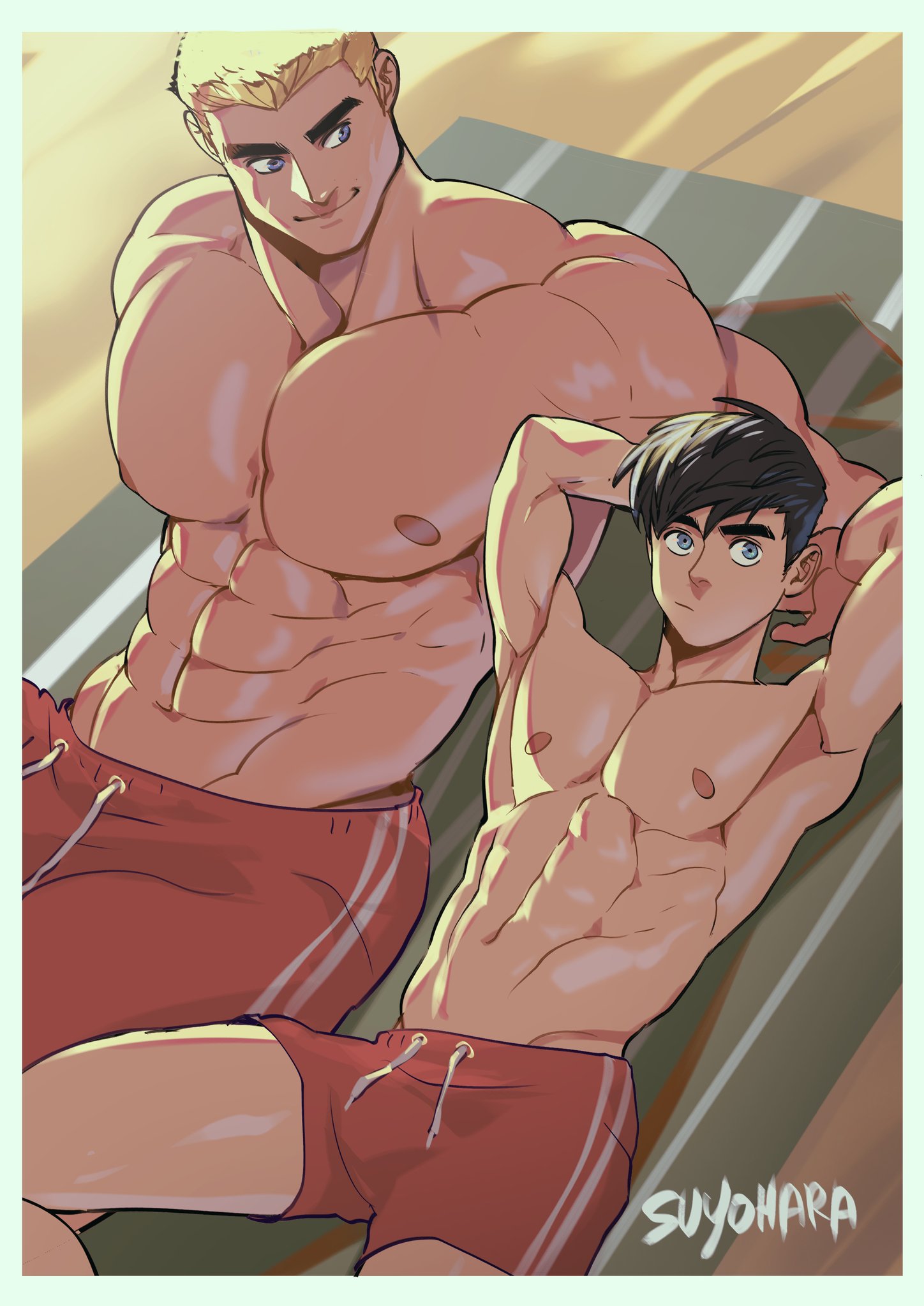 2boys, abs, arms behind head, bara, beach, black hair, blonde hair, blue eyes, bulge, danny fenton, danny phantom, dash baxter, duo, duo focus, gay, human, human only, hunk, laying down, light skin, light-skinned male, male, male focus, male only, muscular, muscular male, outdoors, size difference, suyohara, swimming trunks, teenage male, toned, toned male, twunk, yaoi
