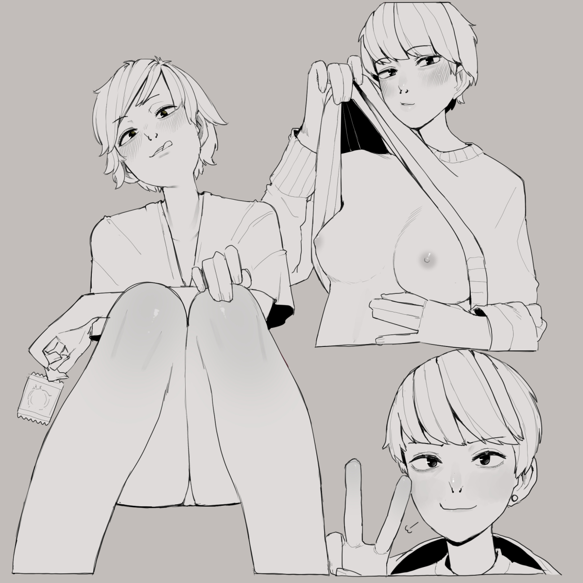 1girls, 2d (artwork), blush, breasts, condom, female, flashing breasts, holding condom, looking at viewer, monochrome, no background, ohasi, original character, short hair, simple background, smile, smiling at viewer, solo, tomboy, very short hair