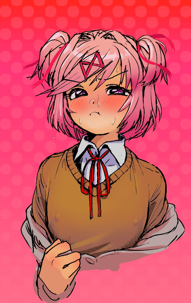 1girls :t blush blush_lines dfc doki_doki_literature_club female female_only flat_chest flat_chested natsuki_(doki_doki_literature_club) nipple_bulge pettanko pigtails pink_eyes pink_hair pout pouting samutora_mike solo sweat sweating twintails