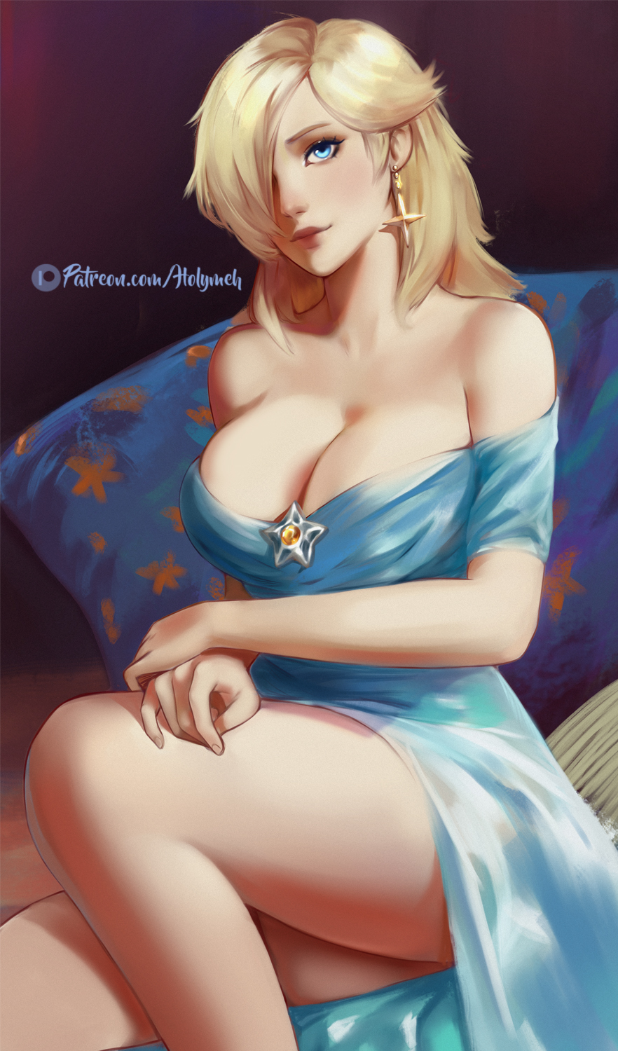 1girls, big breasts, blonde hair, blue dress, blue eyes, breasts, bulging breasts, cleavage, female, female only, holymeh, long hair, looking at viewer, mario (series), nintendo, princess rosalina, solo, solo focus, super mario galaxy