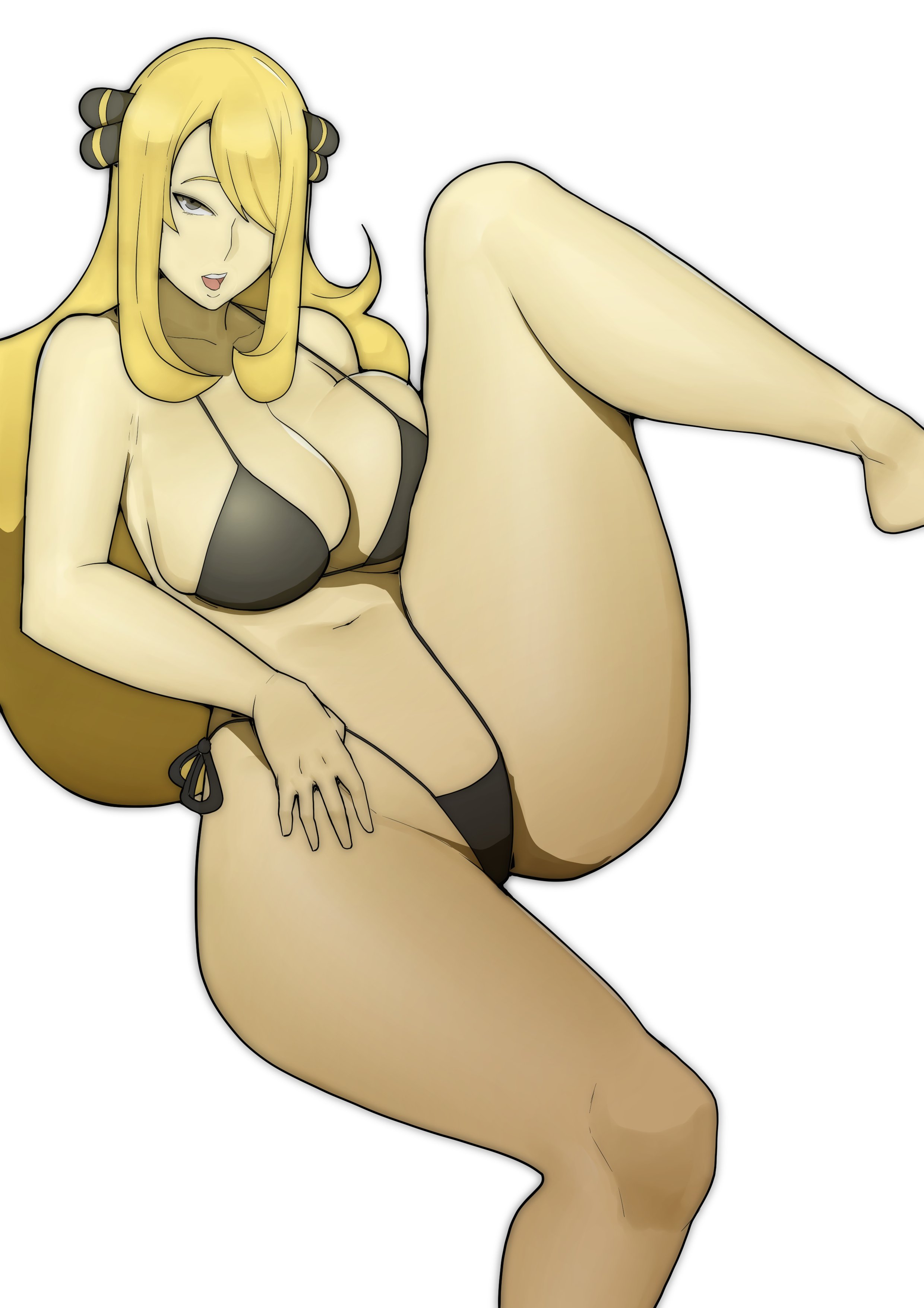 1girls, big breasts, bikini, blonde hair, breasts, cynthia (pokemon), doublehero, eye contact, female, game freak, hair ornament, light skin, long hair, looking at viewer, nintendo, pokemon, pokemon (game), pokemon dppt, solo, thick thighs, thighs