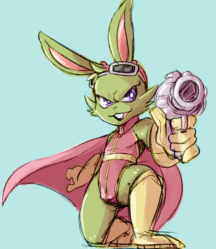 1boy 2016 bucky_o'hare bucky_o'hare_(series) cape dandi furry furry_only green_fur gun latex latex_bodysuit latex_leotard leotard lowres purple_eyes sketch small_bulge weapon