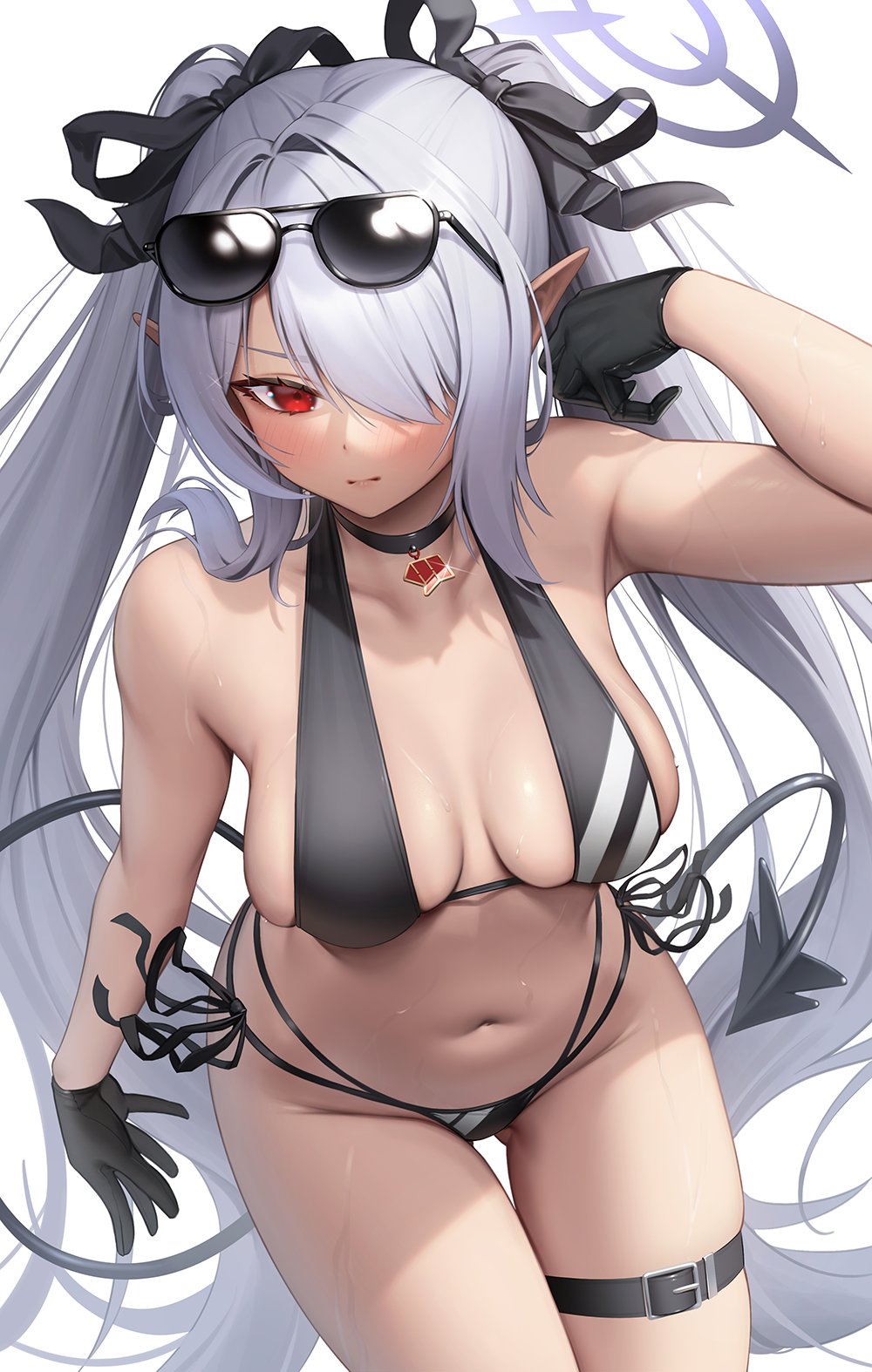 artist request, bangs, bikini, black bikini, black gloves, black ribbon, blue archive, blush, breasts, choker, dark skin, dark-skinned female, female, gehenna academy student, gloves, grey hair, hair over one eye, hair ribbon, halo, highres, iori (blue archive), iori (swimsuit) (blue archive), long hair, looking at viewer, medium breasts, parted lips, prefect team (blue archive), red eyes, ribbon, side-tie bikini, solo, swimsuit, tagme (artist), thigh strap, twintails, untying, very long hair