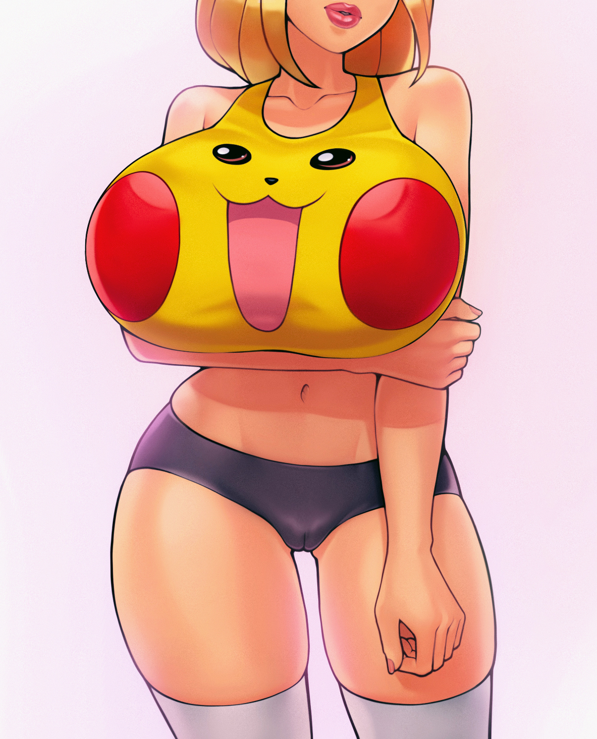 1girls, big breasts, blonde hair, breasts, female, female focus, female only, game freak, huge breasts, legwear, light skin, lips, long hair, loodncrood, minishorts, nintendo, original character, pokemon, pokemon (game), shorts, socks, solo, thick lips, thigh socks, thighhighs, thighs, white socks