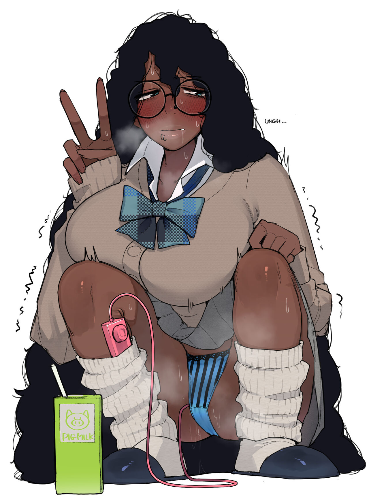 1girls, blouse, breasts, coli (ohasi), dark skin, dark-skinned female, drooling, eyelashes, eyeliner, female, female only, glasses, hi res, huge breasts, kneehighs, lingerie, lip piercing, lip ring, lipstick, long hair, loose socks, makeup, miniskirt, nose piercing, ohasi, panties, piercing, pussy, saliva, school uniform, sex toy, shirt, skirt, socks, squatting, sweat, very long hair, vibrator, vibrator in pussy, white socks