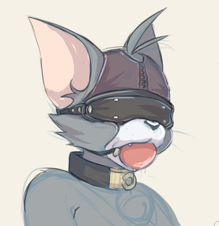 1boy 2016 ball_gag blindfold collar color dandi drool drooling furry furry_only large_gag leather leather_mask lowres sketch tom_and_jerry tom_cat