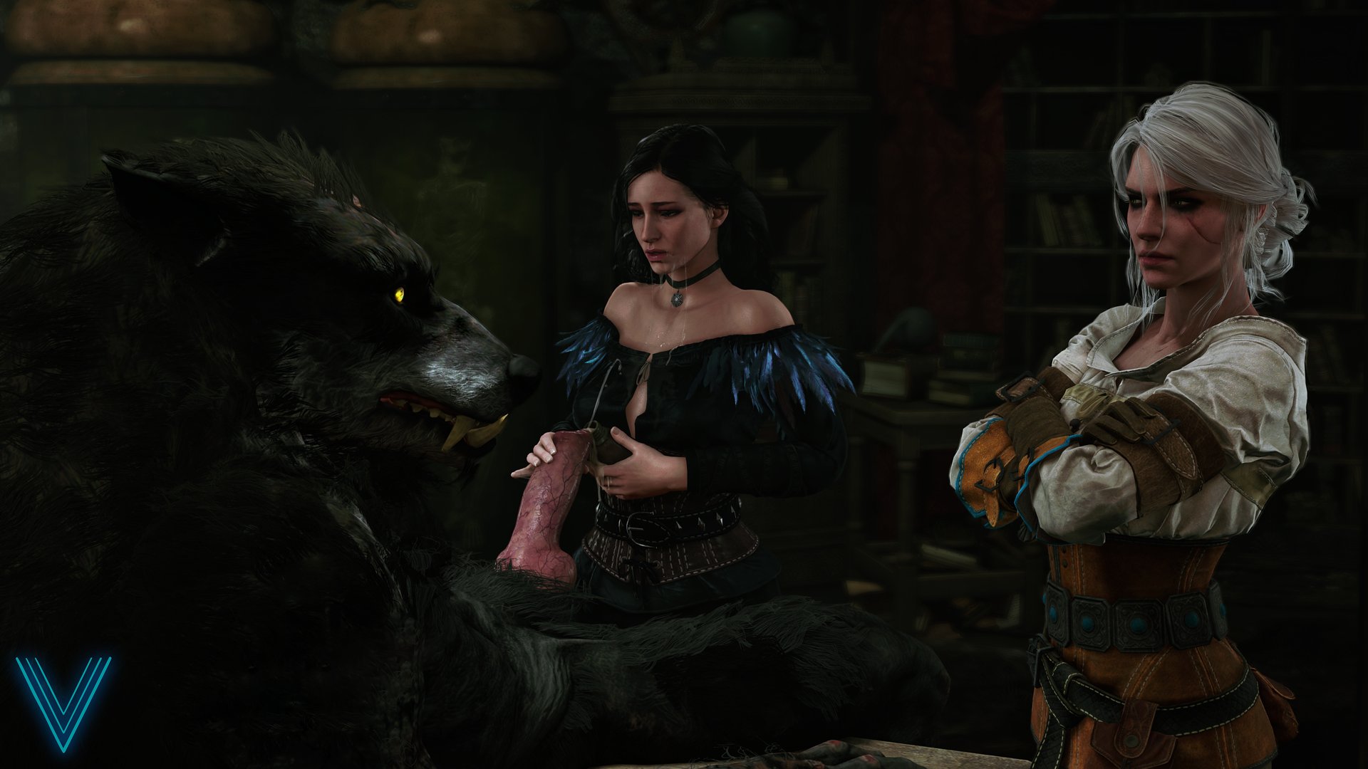 1boy, 2girls, 3d, 3d (artwork), after fellatio, after sex, black fur, black hair, brown gloves, canine, canine penis, ciri, clothed, clothing, cum, cum collecting, cum on face, cumshot, ejaculation, emile (theviceart), fellatio, female, gloves, green eyes, grey hair, interspecies, knot, knotted penis, light skin, light-skinned female, long hair, looking at another, looking down, looking pleasured, male, monster, necklace, penis, purple eyes, source filmmaker, the vice art, the witcher (series), the witcher 3: wild hunt, vein, veins, veiny penis, werewolf, white hair, yellow eyes, yennefer