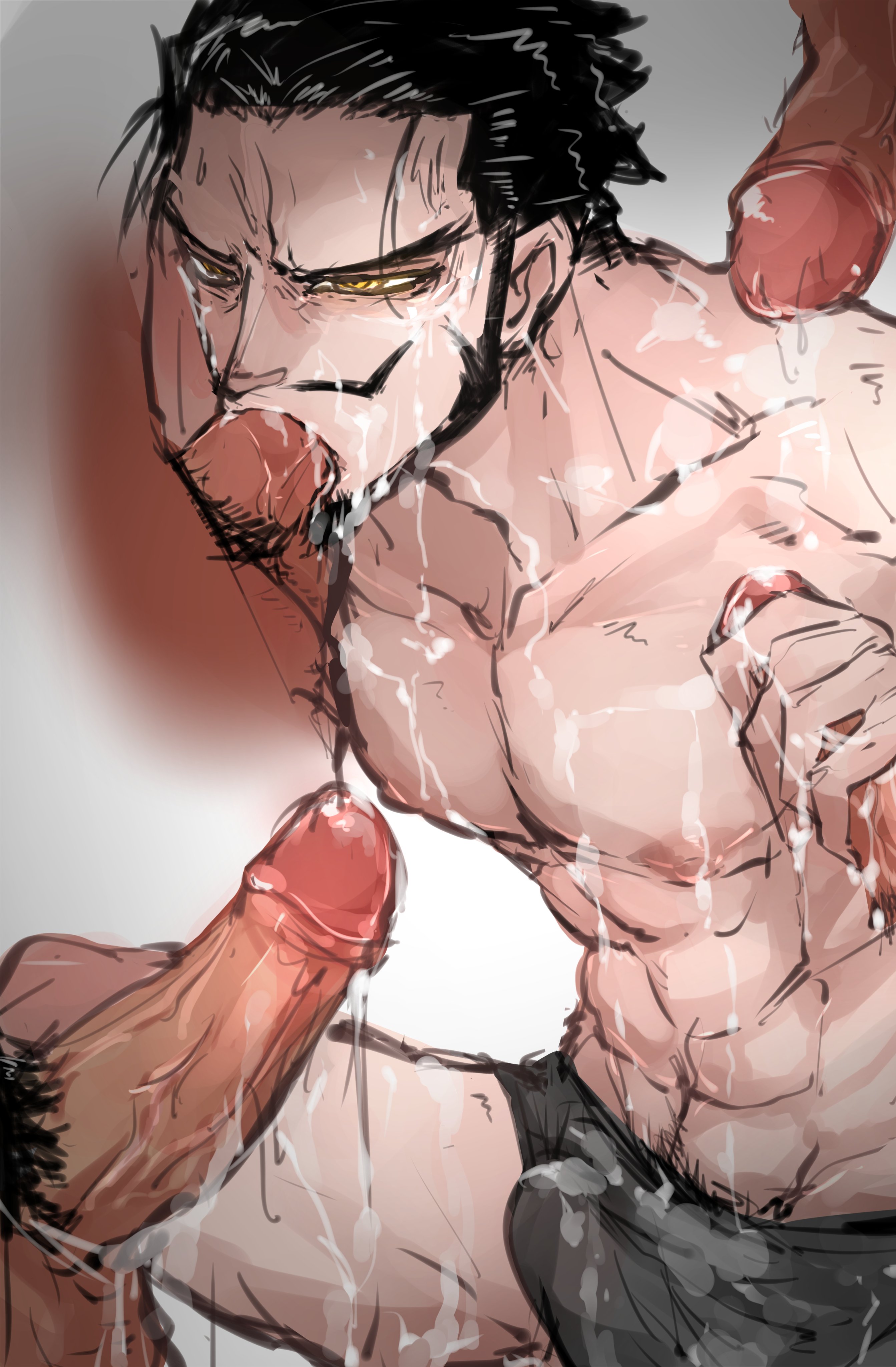 5boys, beard, black hair, black underwear, bukkake, covered in cum, cum, cum drip, dracule mihawk, eight pack, erect penis, erection, gay, handjob, male, male only, male pubic hair, muscular, muscular male, one piece, oral, oral sex, penis, pubes, pubic hair, rabbit348348, shounen jump, submissive, submissive male, yellow eyes