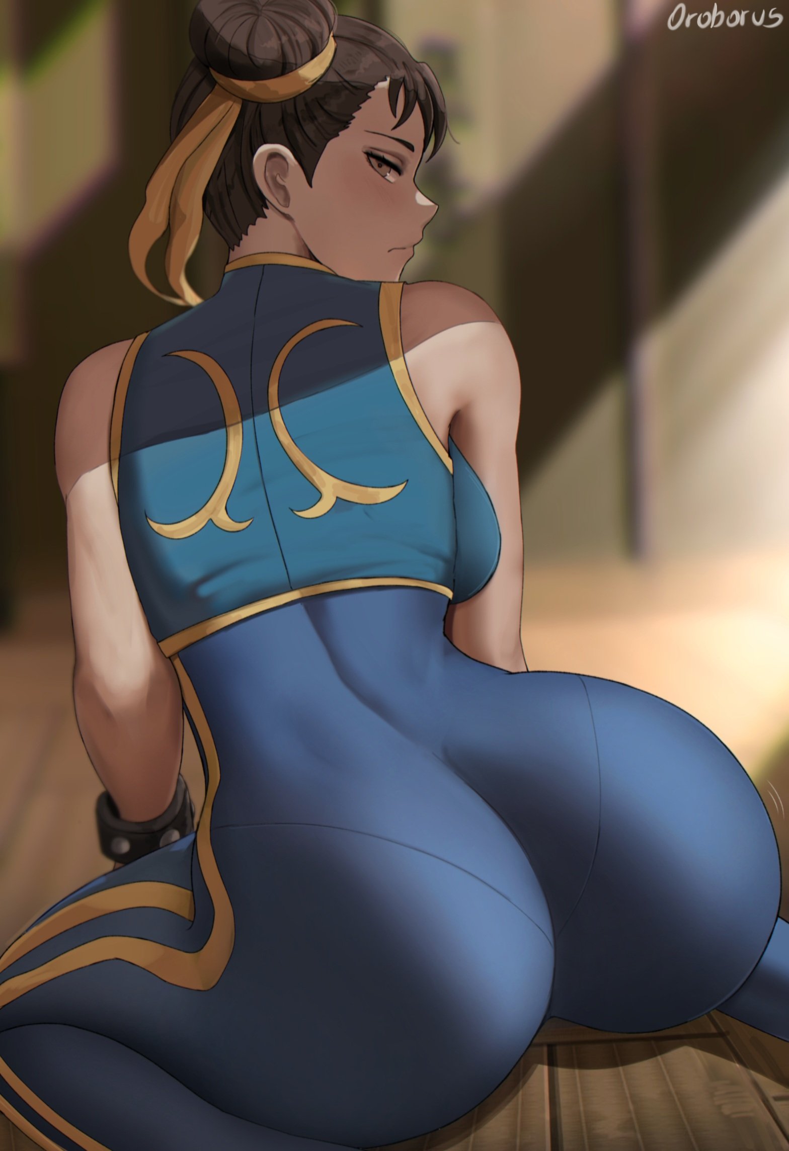 1girls, ass, back view, backboob, big ass, big butt, breasts, brown hair, bubble ass, bubble butt, capcom, chun-li, curvy, fat ass, female, female only, hair bun, large ass, looking at viewer, looking back, oroborusart, savagexthicc, solo, solo female, street fighter, street fighter alpha, thick, thick ass, voluptuous, wide hips