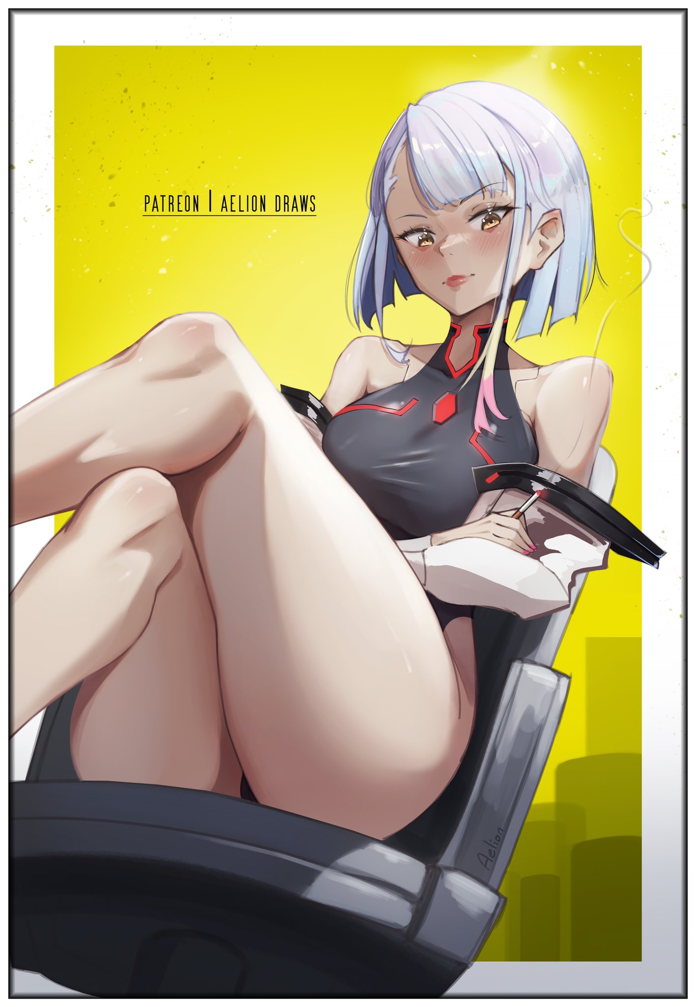1girls, aelion draws, asian, asian female, cd projekt red, cyberpunk 2077, cyberpunk: edgerunners, female, female only, light skin, light-skinned female, low-angle view, lucyna kushinada, netflix, sitting, studio trigger, thick thighs