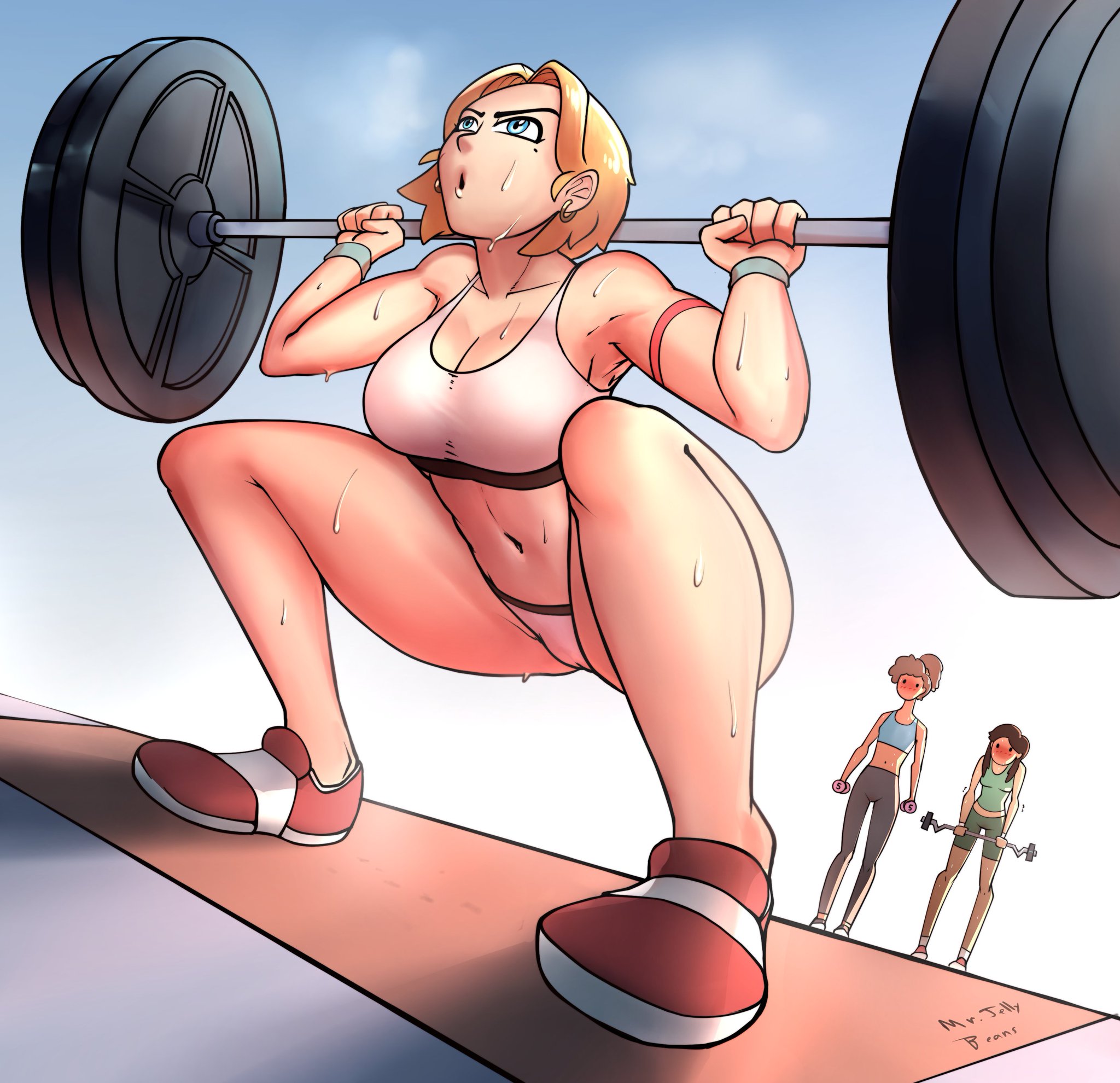 3girls, amphibia, amphibia (finale), anne boonchuy, disney, disney channel, female, female only, lifting, marcy wu, mr.jellybeans, multiple females, multiple girls, muscular, muscular female, sasha waybright, sonic shoes, squatting, straight hair, weightlifting