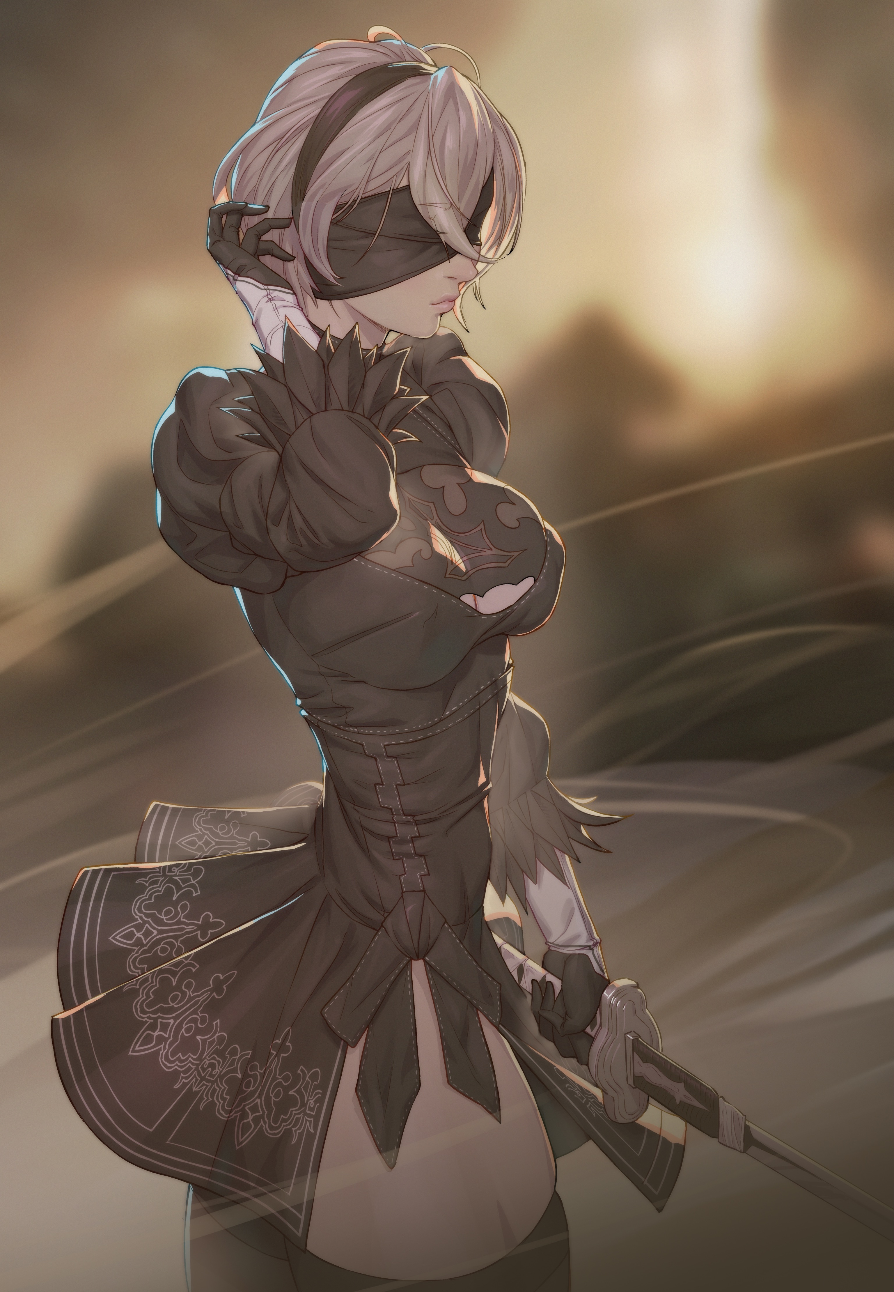 arttoru, ass, big ass, big breasts, blindfold, breasts, bubble ass, bubble butt, female, nier: automata, thick thighs, weapon, yorha 2b