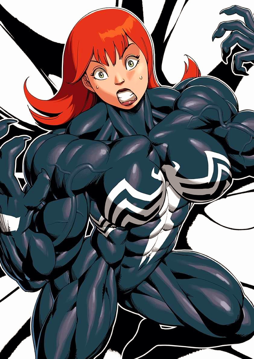 1girls, female, human, light skin, light-skinned female, marvel, marvel comics, mary jane watson, muscular, muscular arms, muscular female, muscular legs, pokkuti, red hair, she-venom, spider-man (series), straight hair, symbiote, venom (marvel)