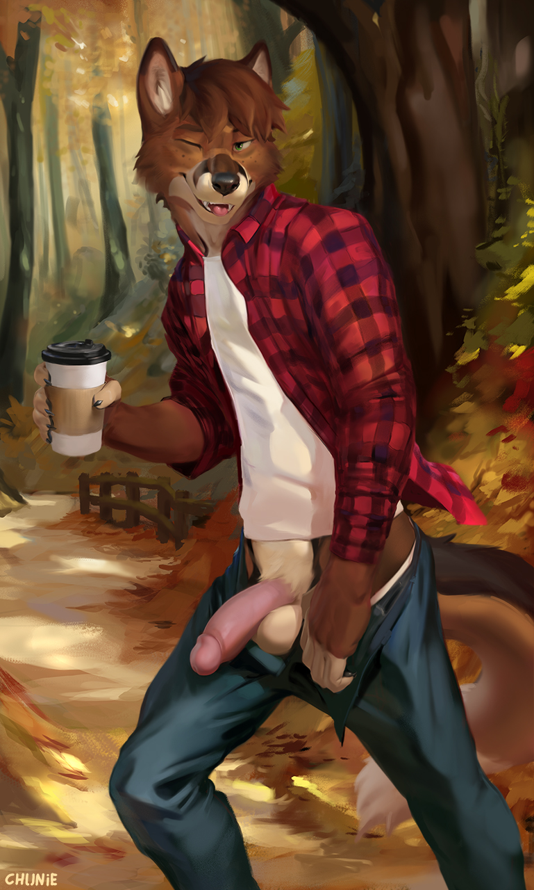 anthro, balls, canid, canine, canis, chunie, detailed background, flashing, furry, genitals, looking at viewer, male, mammal, smile, solo, tagme, testicles, tongue, tongue out, undressing, wink