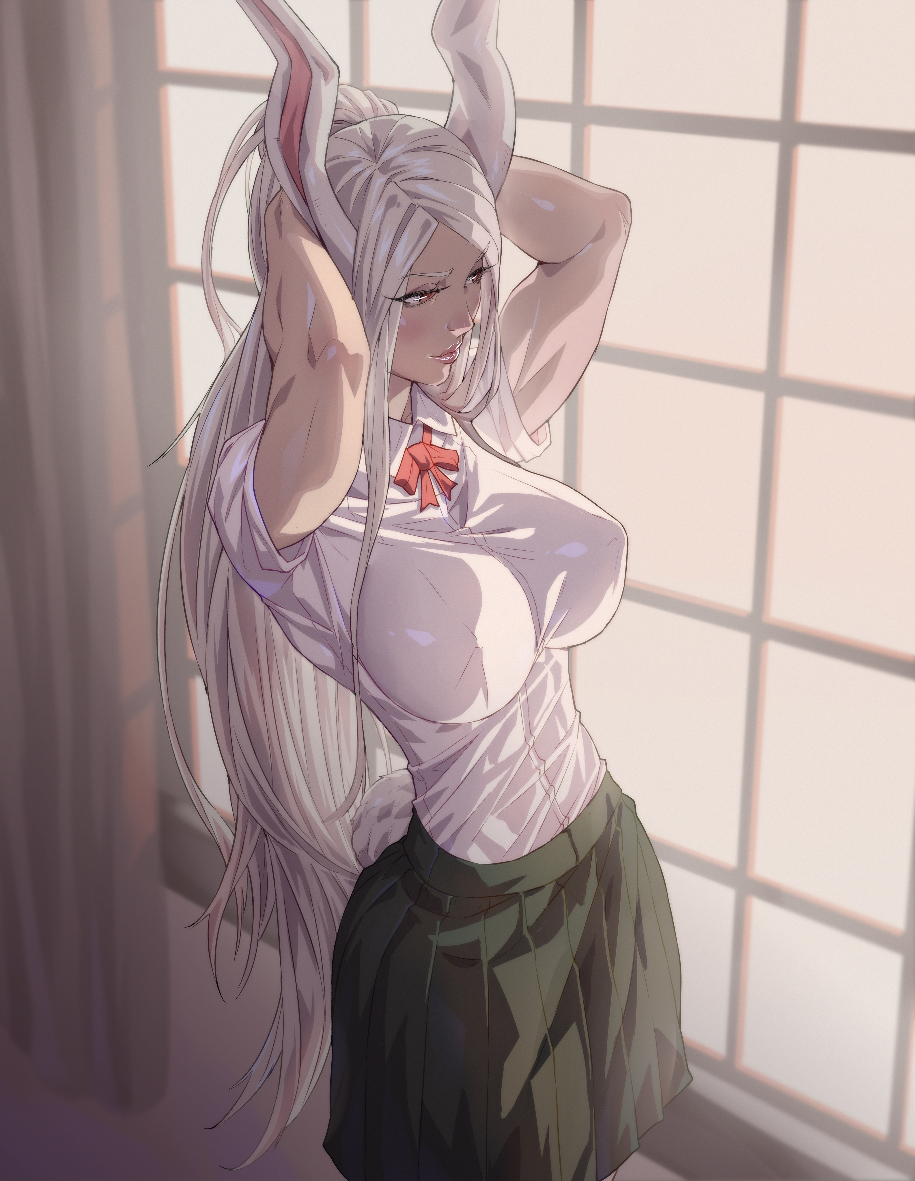 abs, arttoru, ass, big ass, big breasts, breasts, female, huge breasts, long hair, miruko, muscles, muscular, muscular female, my hero academia, rabbit, rabbit ears, rabbit girl, rabbit humanoid, rabbit tail, rumi usagiyama, school uniform, solo, solo female, thick thighs, white hair