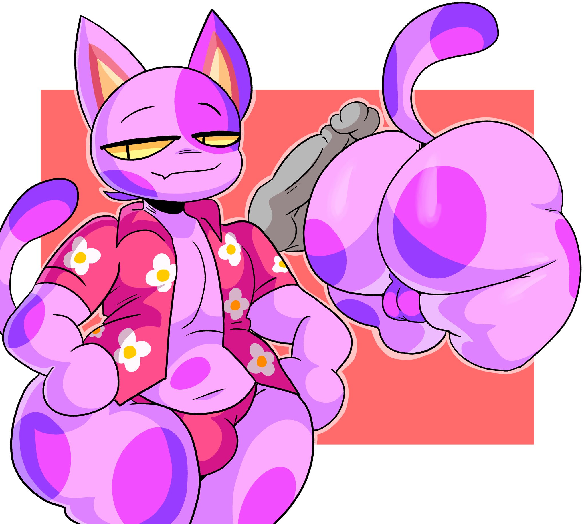 animal crossing, ass, backsack, balls, ballsack, barely clothed, big ass, bob (animal crossing), bubble ass, bubble butt, cat, dork boi, feline, femboy, furry, huge ass, lewd dorky, male, nintendo, no humans, open clothes, open shirt, penis, penis on ass, skin fang, tail, testicles, wide hips, yellow eyes