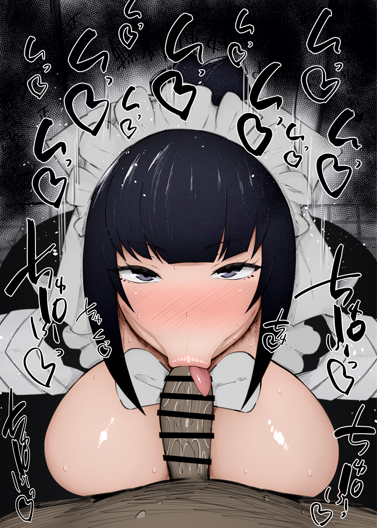 :>=, 1boy, 1girls, big breasts, big penis, black penis, blowjob, blush, breasts, censored, color, colored, commentary request, dark skin, dark-skinned male, detailed background, dress, drooling, eyelashes, fellatio, female, glasses, headgear, heart, indoor, inside, japanese text, kurotama, looking at viewer, maid, male, male pov, narberal gamma, oral, oral sex, overlord (maruyama), penis, room, saliva, shiny, shiny skin, short hair, sketch, sound effects, sweat, text, tongue, tongue out, vein, veins, veiny, veiny penis