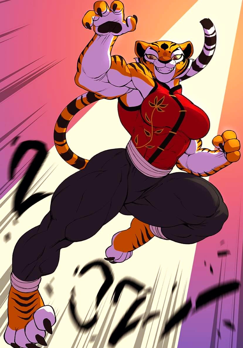 1girls, anthro, armpits, big breasts, breasts, cheek tuft, claws, clothed, female, fully clothed, kung fu panda, master tigress, muscular, muscular female, pawpads, paws, pokkuti, sharp teeth, tagme, tiger, yellow sclera