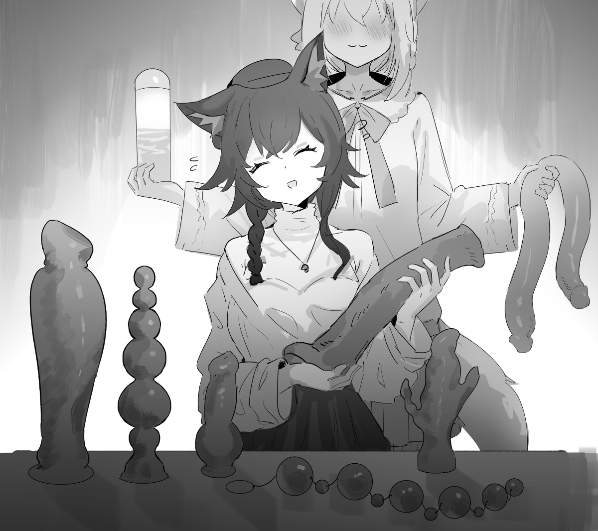 2girls, anal beads, big dildo, black and white, black hair, blush, collection, darkdeaththorn, dildo, female, hololive, hololive gamers, hololive gen 1, hololive japan, kemonomimi, large breasts, ookami mio, shirakami fubuki, smile, virtual youtuber, white hair