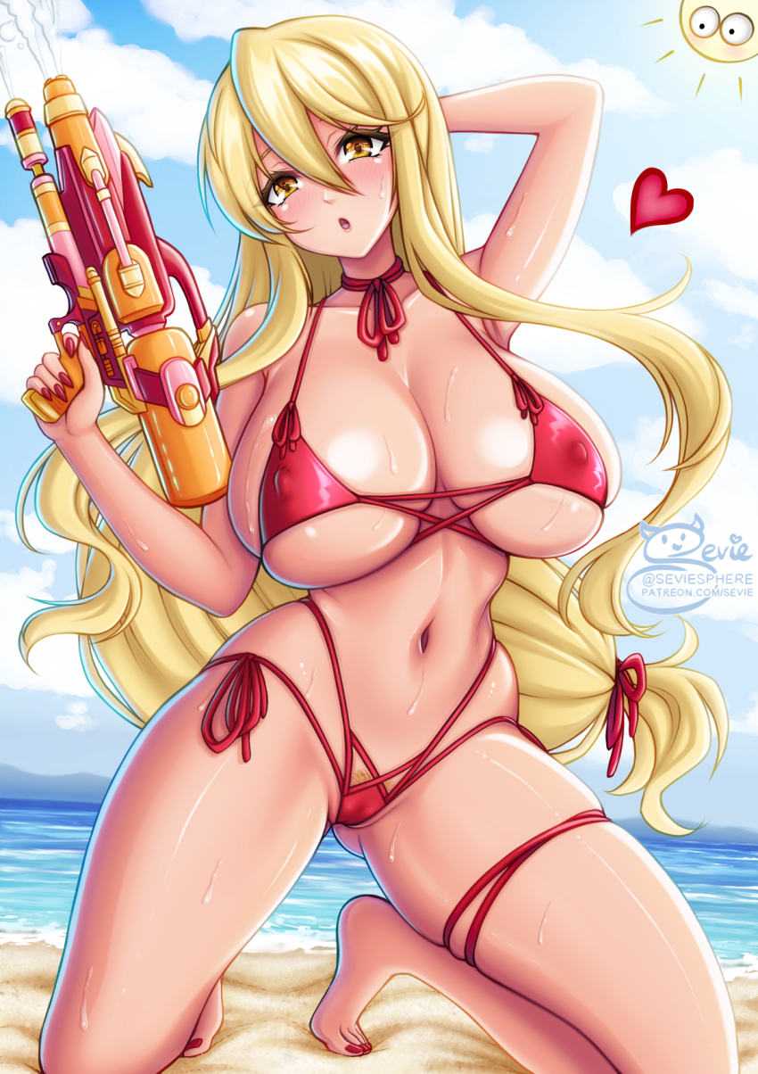 blonde_hair blonde_hair blonde_pubic_hair breasts female heart highschool_of_the_dead huge_breasts long_hair open_mouth pubic_hair red_nails red_swimsuit sevie shizuka_marikawa solo solo_female sweat swimsuit very_long_hair