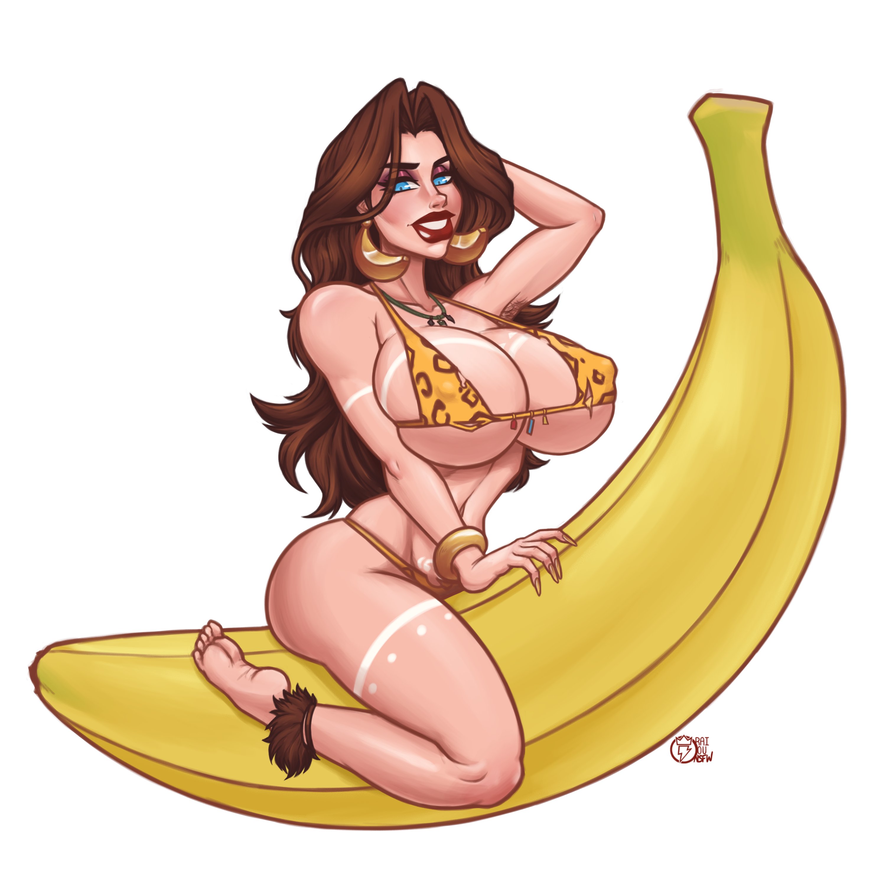 1girls, banana, bikini, breasts, cleavage, donkey kong (series), female, female only, huge breasts, hyper, hyper breasts, mario (series), nintendo, pauline, raiounsfw, solo, tribal markings