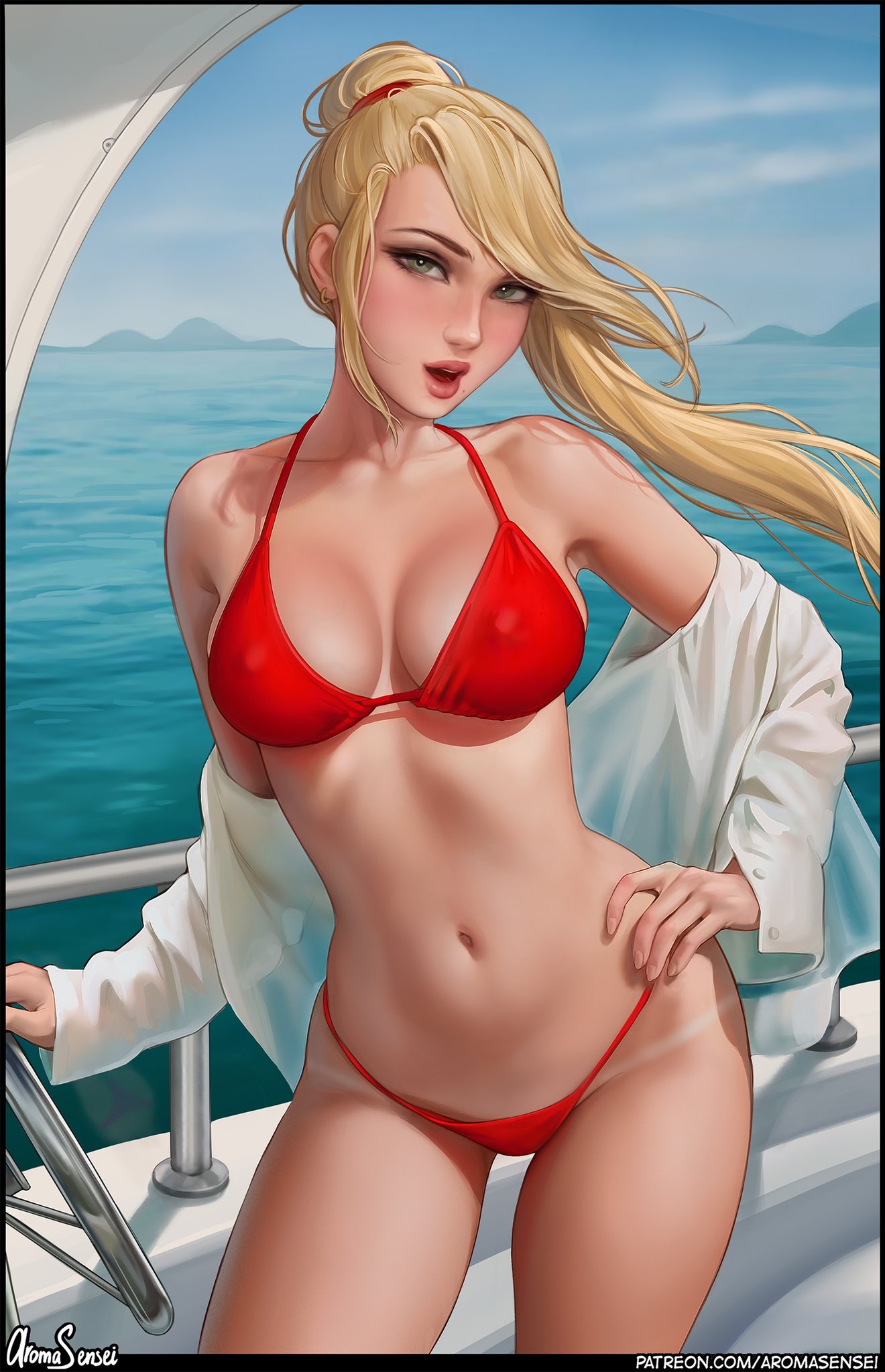 1girls, aroma sensei, beach, bikini, blonde hair, blue eyes, boat, breasts, female, hi res, hips, huge breasts, long hair, metroid, nintendo, outdoors, red bikini, samus aran, slim waist, textless, thick thighs, thighs, water, wide hips