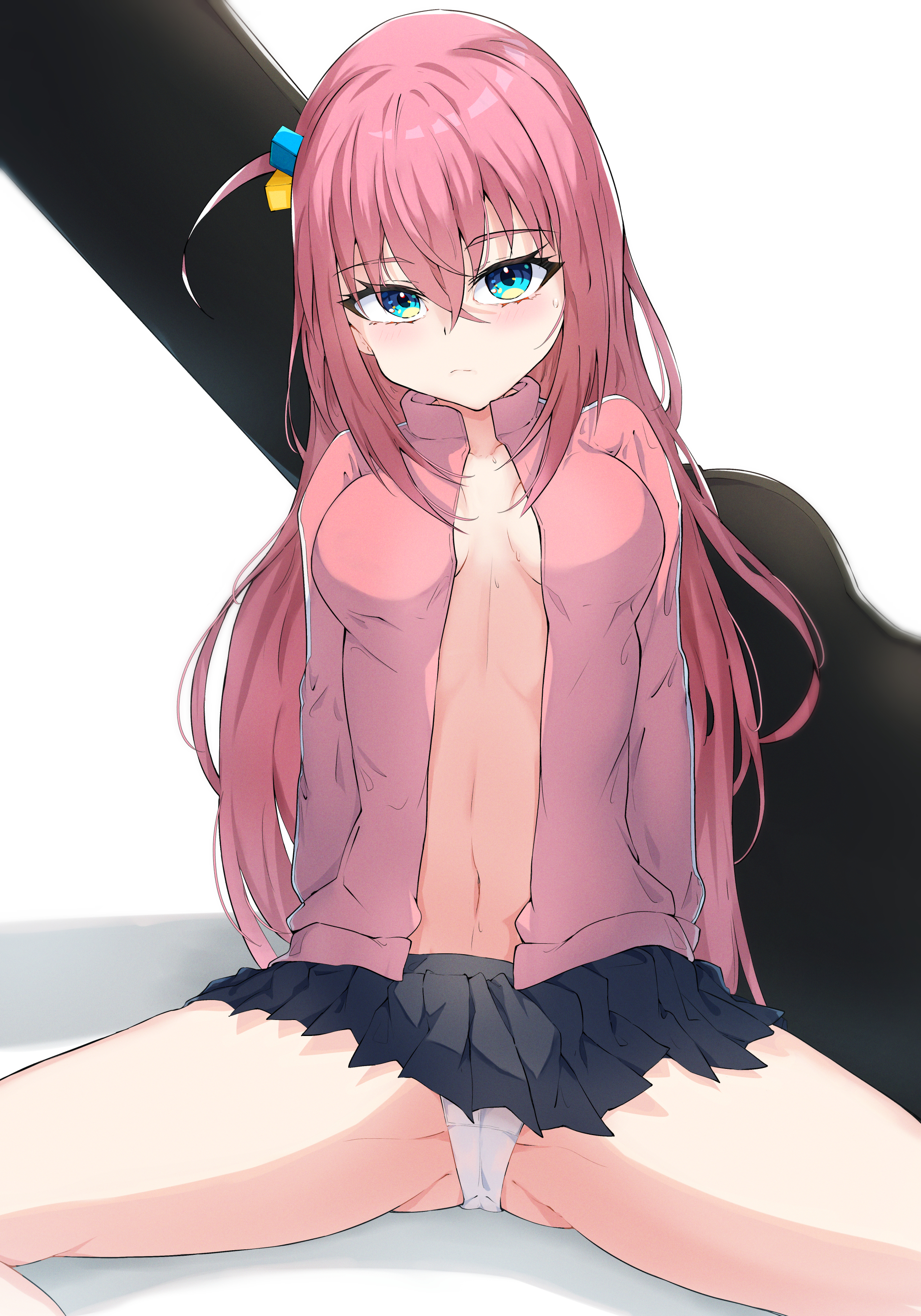 ass visible through thighs, bag, blue eyes, bocchi the rock!, breasts, cameltoe, clothing, electric guitar, exposed breasts, female, gotou hitori, guitar, hair ornament, human, jacket, jacket open, musical instrument, navel, pale skin, panties, pink hair, pussy, skirt, thighs