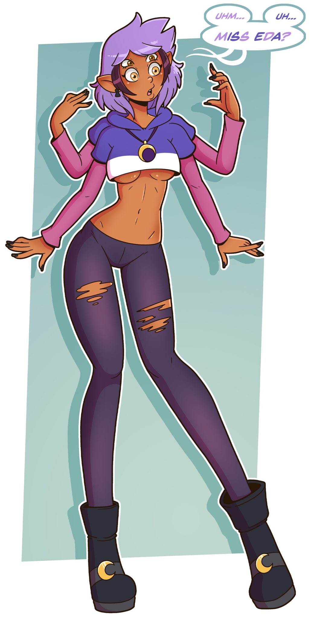 1girls, 4 arms, amity blight, breasts, disney, disney channel, english text, female, female only, fusion, implied transformation, luz noceda, monster girl, multi arm, multi eye, multi limb, purple hair, ripped clothing, solo, straight hair, text, the owl house, thighs, transformation, underboob, wrenzephyr2