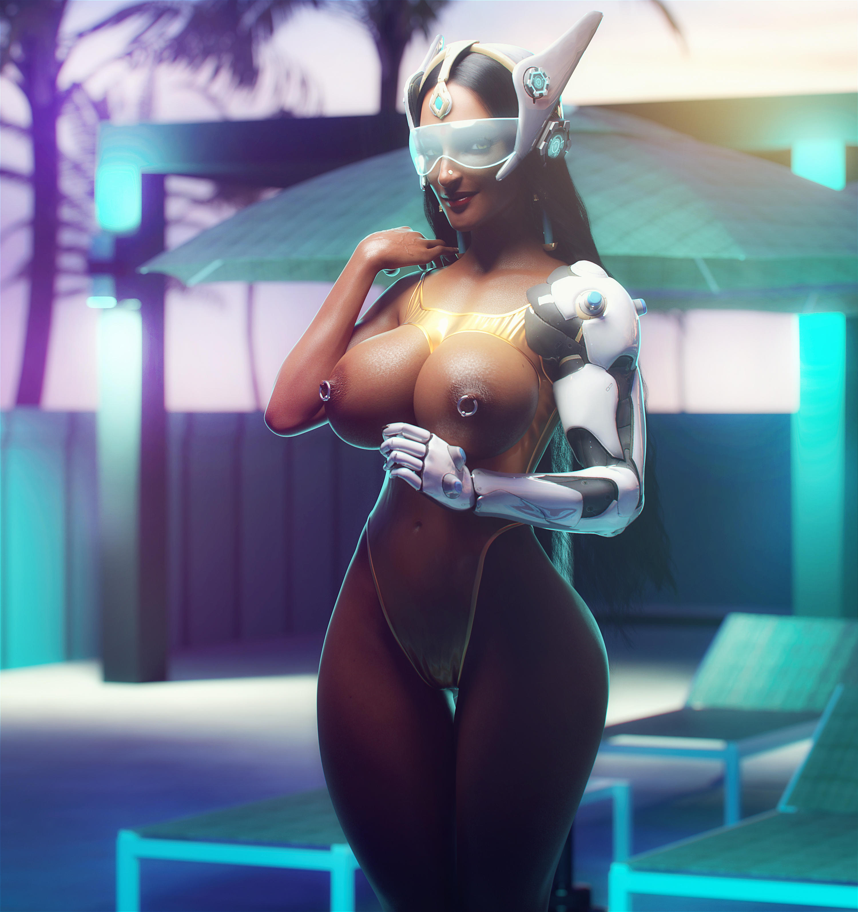 1girls, 3d, alternate breast size, big breasts, black hair, blizzard entertainment, blue-tinted eyewear, breasts, dark skin, dark-skinned female, female, female only, french nails, huge breasts, indian, indian female, large breasts, lipstick, looking at viewer, makeup, nipple piercing, nipples, noahgraphicz, nose piercing, overwatch, pierced nipples, piercing, png, realistic, robotic arm, smiling, solo, standing, symmetra, tinted eyewear, visor