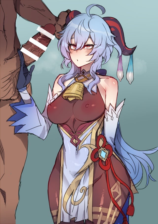 1boy, 1girls, bar censor, breasts, censored, condom, covered nipples, cum, dark skin, dark-skinned male, female, ganyu (genshin impact), genshin impact, hand on head, interracial, male, penis, ratatatat74, used condom