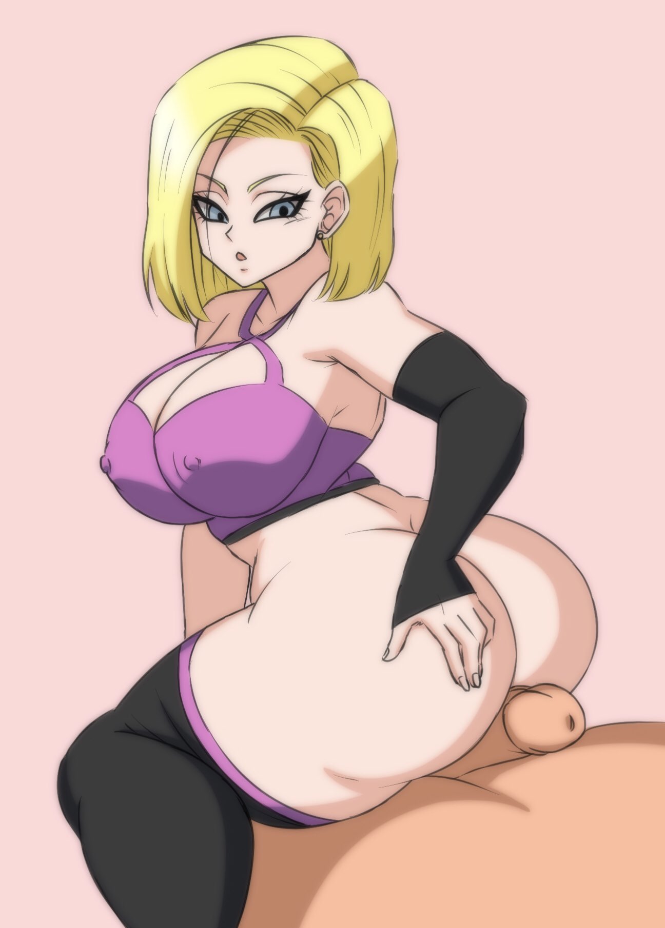 1boy 1girls android_18 armwear ass big_ass big_breasts big_butt blonde_hair blue_eyes breasts buttjob darwaarts dragon_ball dragon_ball_z grabbing_own_ass huge huge_ass huge_breasts legwear nipple_bulge penis short_hair shounen_jump straight thighhighs thighs vegeta