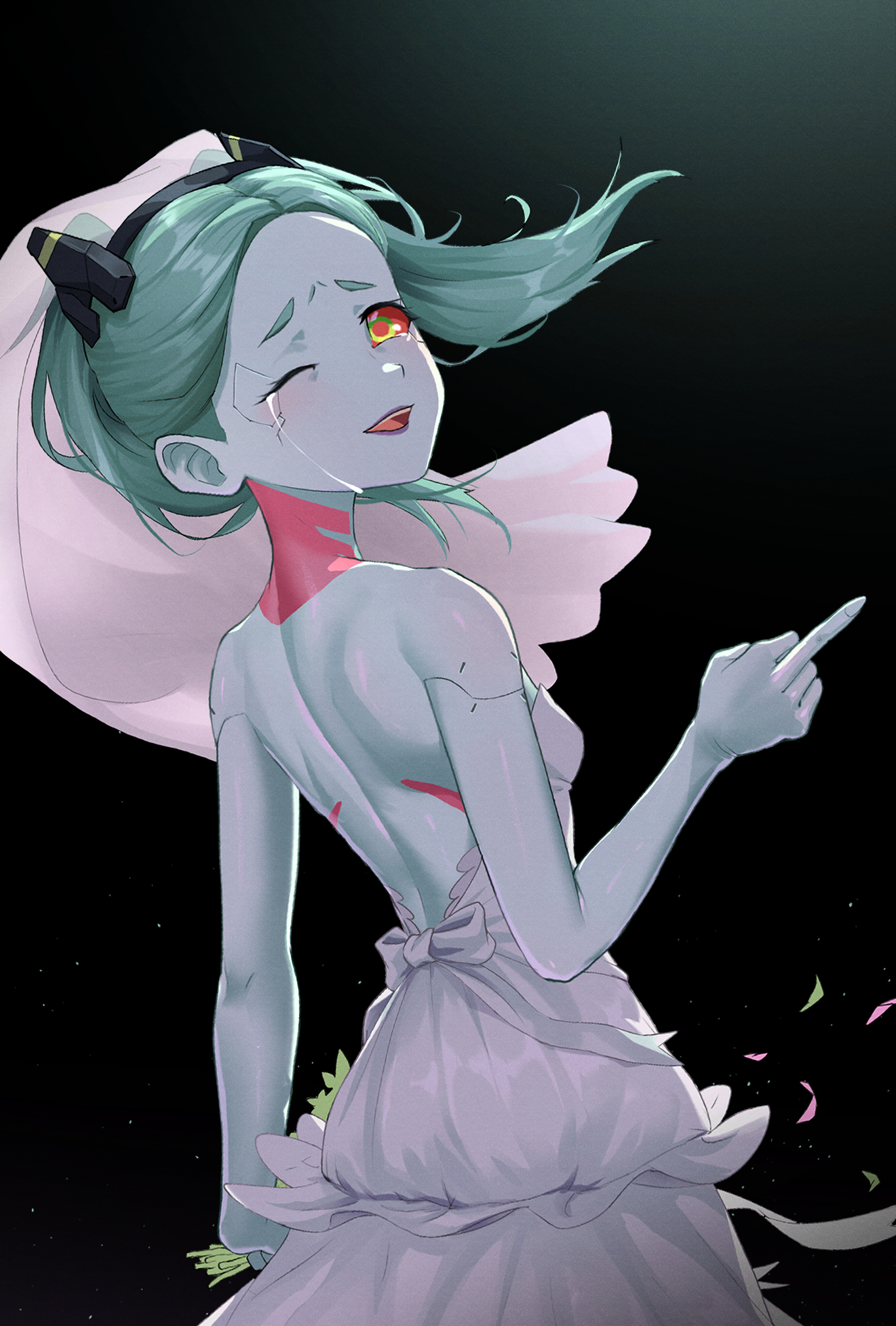 1girls, back, back view, breasts, btongued, cd projekt red, crying, crying with eyes open, cyberpunk 2077, cyberpunk: edgerunners, female, female only, flipping off, flipping viewer off, looking back, middle finger, netflix, rebecca (edgerunners), small breasts, solo, studio trigger, wedding attire, wedding dress, wedding veil, wholesome