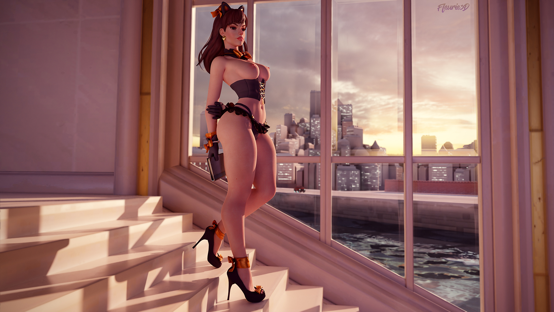 3d, abs, ass, big ass, blender, blizzard entertainment, breasts, brown eyes, brown hair, cat ears, clothing, d.va, female, fleurie3d, heels, high heels, high resolution, looking at viewer, medium breasts, overwatch, sun, thick thighs, topless, topless female