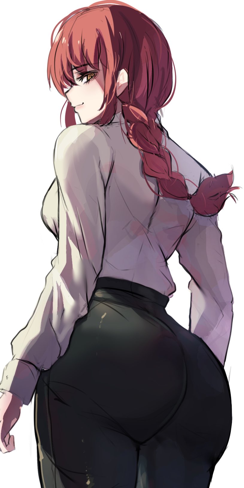 1girls, ass, ass focus, big ass, big butt, braids, breasts, chainsaw man, clothed, clothed female, denim, doodle, female, fully clothed, hinghoi, light skin, long hair, long sleeves, looking at viewer, looking back, makima (chainsaw man), pants, red hair, shirt, single braid, solo, white background, white shirt, yellow eyes