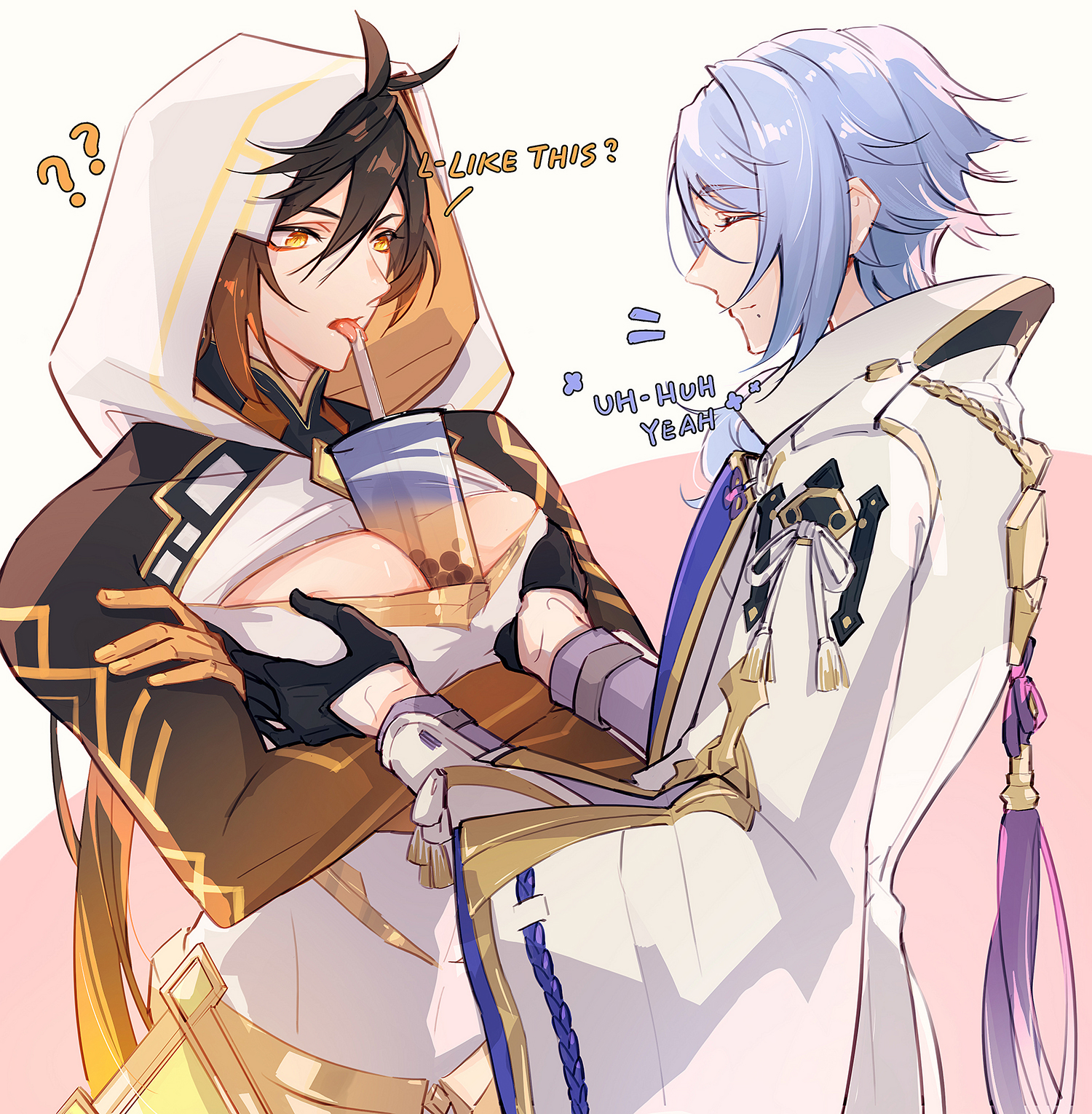 2boys, between breasts, bishonen, boobs, breast grab, breasts, busty, clothed, clothing, drink, drink on breasts, english text, genshin impact, kamisato ayato, male, male breasts, male focus, male only, male with breasts, male/male, meme, pecs, pretty boy, simple background, smile, text, treetree233, zhongli (genshin impact)