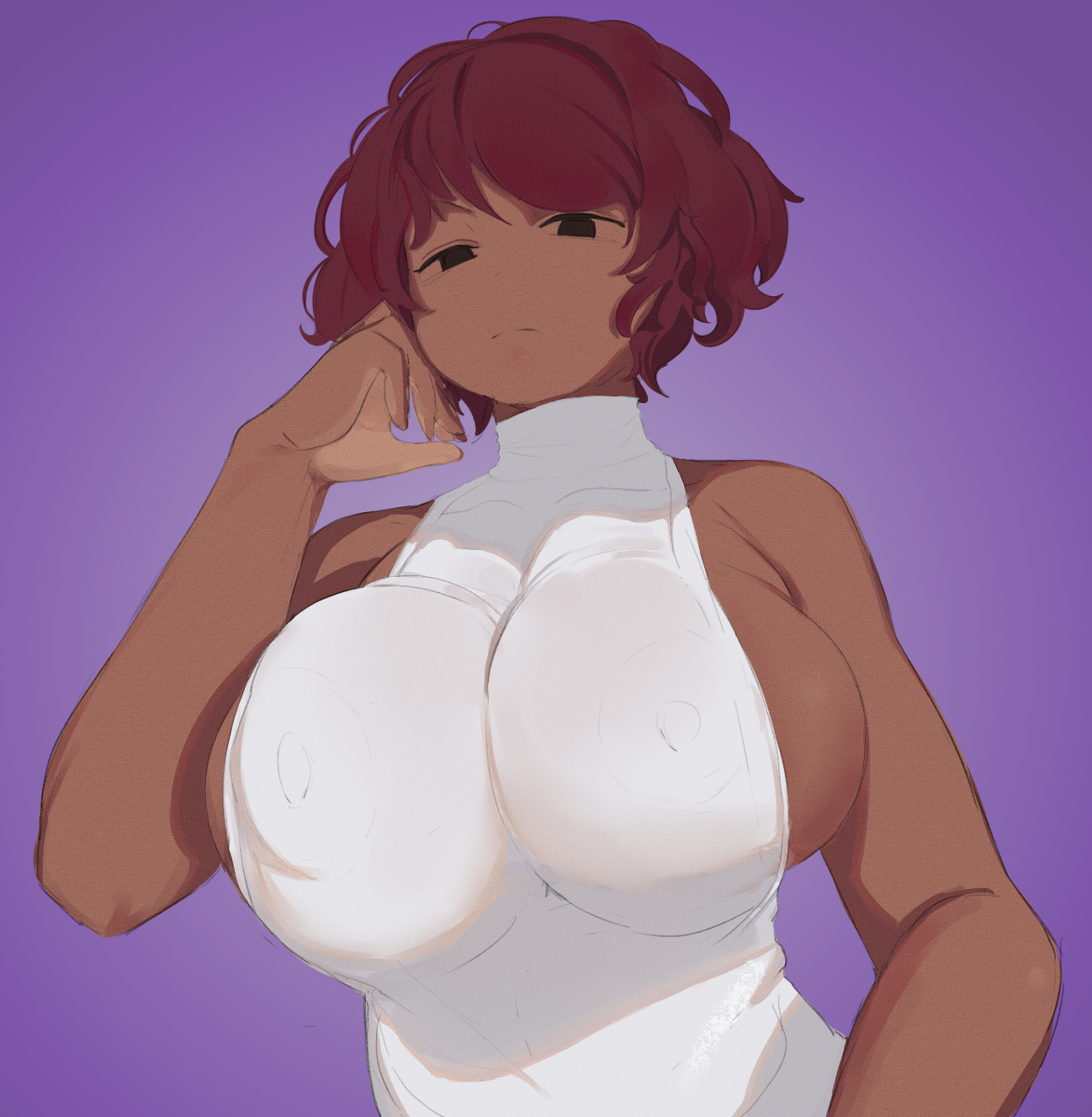 ass, big breasts, breasts, brown hair, character request, clothing, dark skin, dark-skinned female, female, hips, hips wider than shoulders, huge ass, huge breasts, krid (artist), large ass, mob face, original, original character, stomach, sweater, thick ass, thick legs, thick thighs, turtleneck, underwear, white background, wide hips