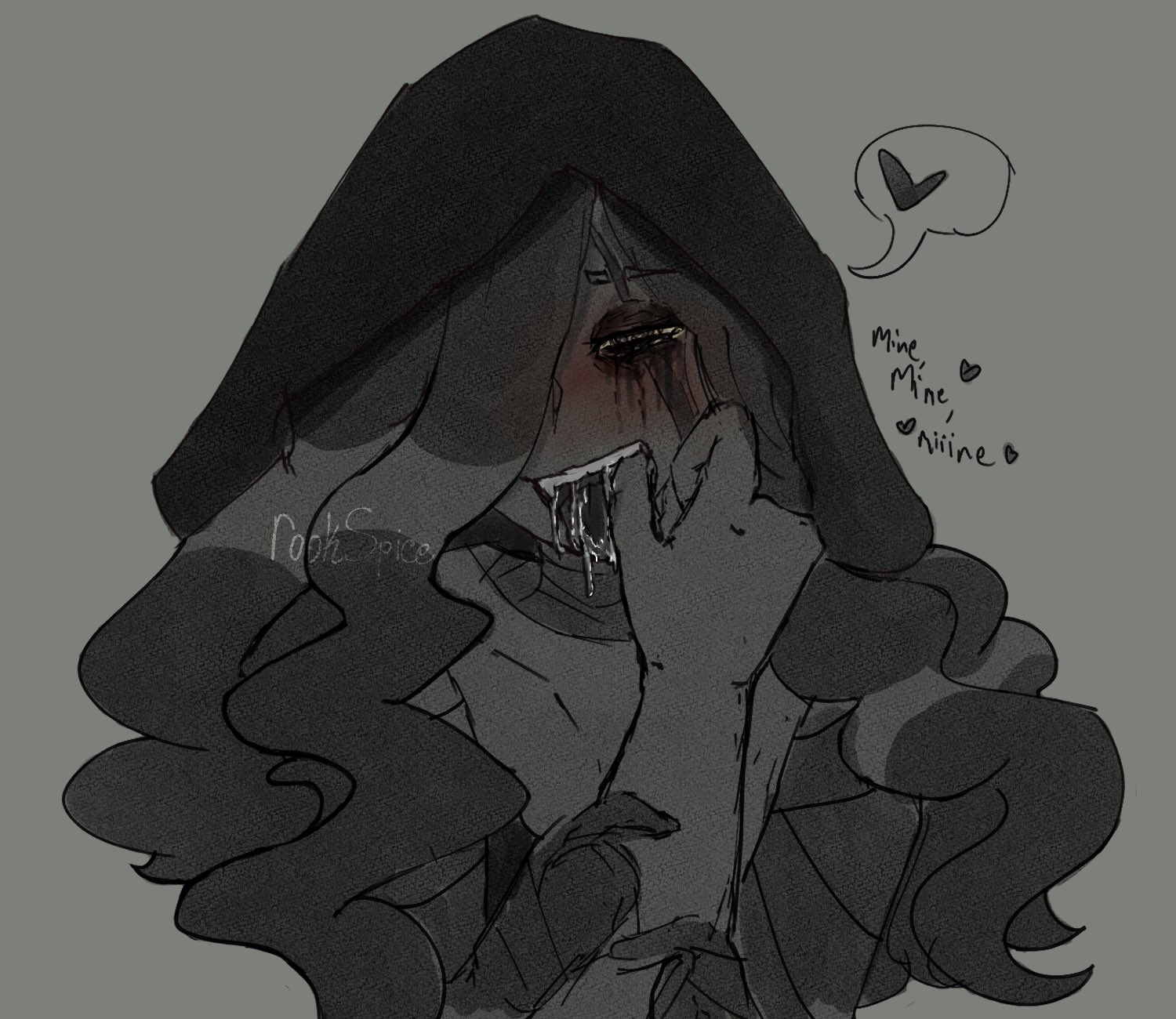 <3, blush, cookie run, cookie run kingdom, drool, drooling, fang, female, female focus, finger in mouth, hair, hand in mouth, heart, hood, hood up, human, humanized, long hair, looking at viewer, looking pleasured, mascara, monochrome, oral, oral insertion, pov, rookspice, running mascara, runny makeup, saliva, saliva string, seaweed cookie, teasing, text, tongue
