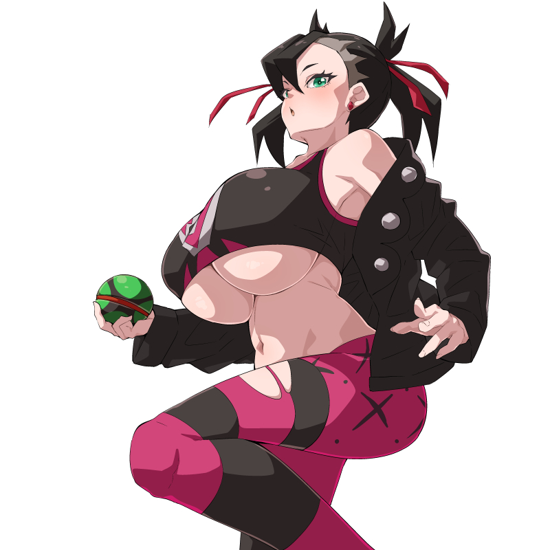 alternate_breast_size big_breasts black_hair black_jacket black_sports_bra cleavage dusk_ball goth green_eyes gym_leader hair_ornament hair_ribbon huge_breasts jacket leggings looking_at_viewer looking_down marnie_(pokemon) massive_breasts midriff nanashi_maru open_mouth pinup pokeball pokemon pokemon_ss ripped_clothing ripped_pants simple_background slutty_outfit sports_bra sports_uniform sportswear thick_thighs underboob